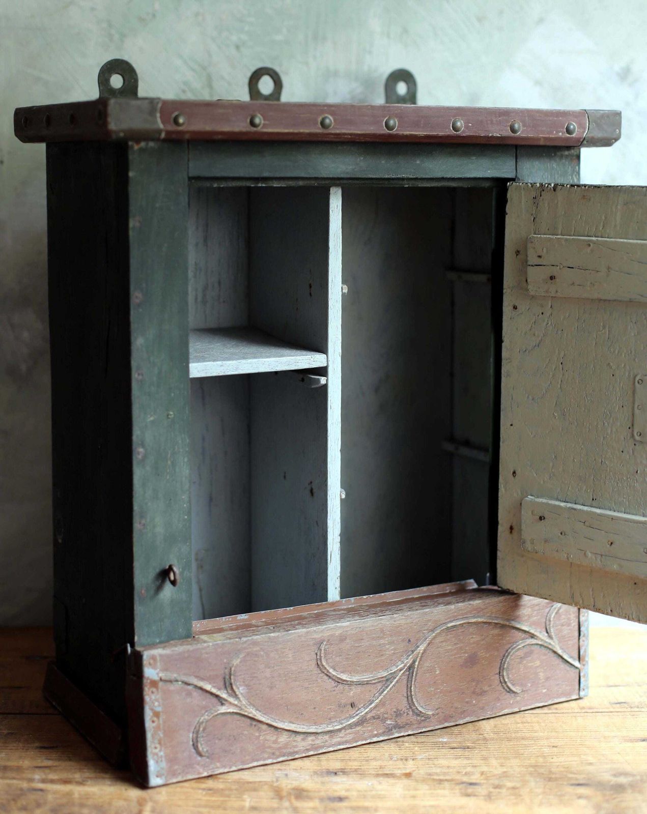 photo furniture Antique French Cabinet Painted Folk Art Wooden Green Distressed With Red Cross Tabernacle