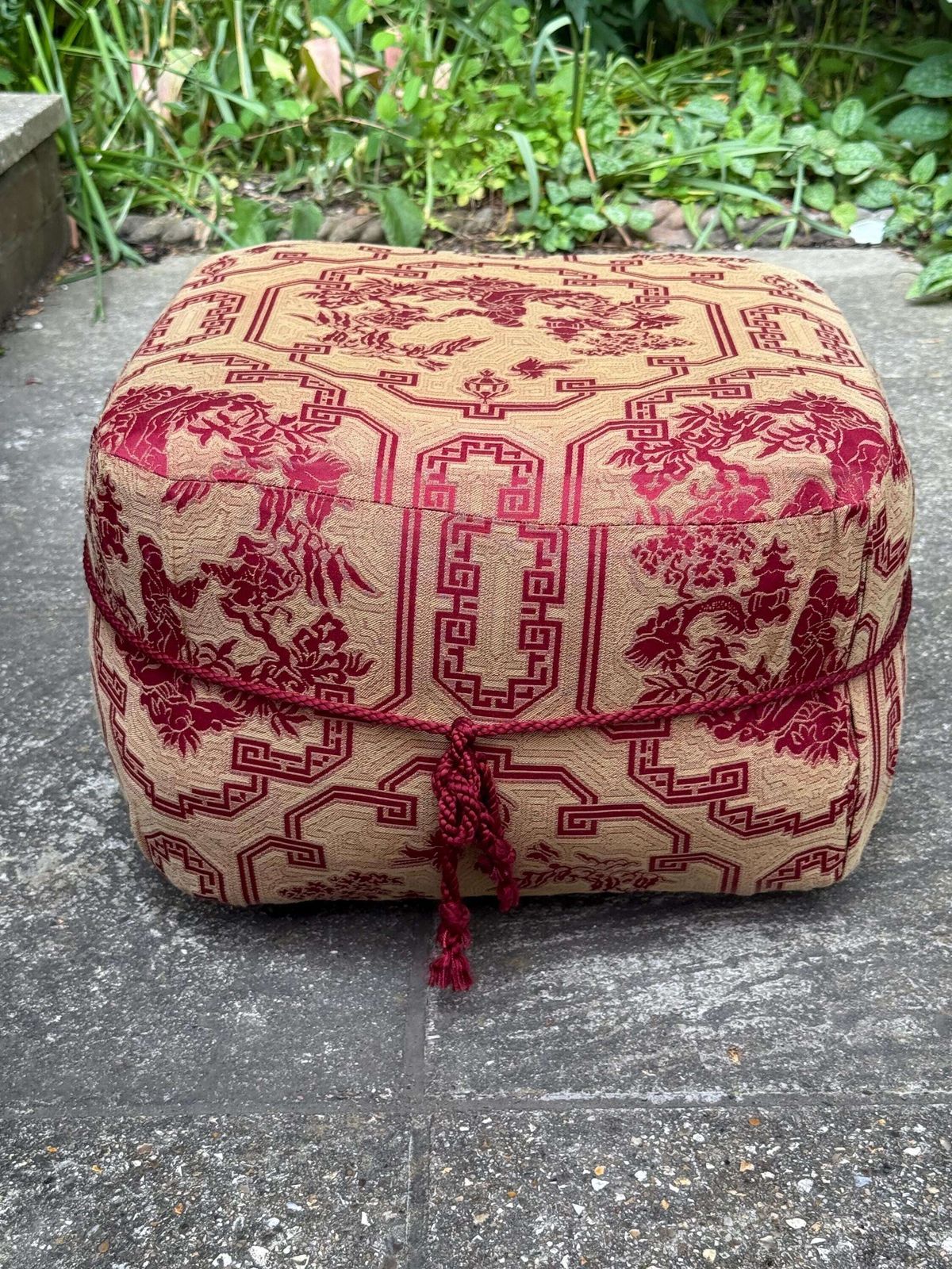 Vintage Chinoiserie Ottoman Footstool On Castors With Red And Gold Upholstery   Underside Label photo furniture