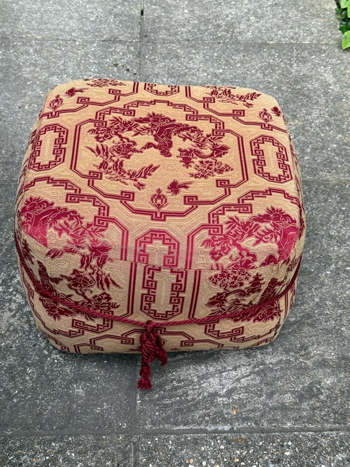 Vintage Chinoiserie Ottoman Footstool On Castors With Red And Gold Upholstery   Underside Label photo 195.0