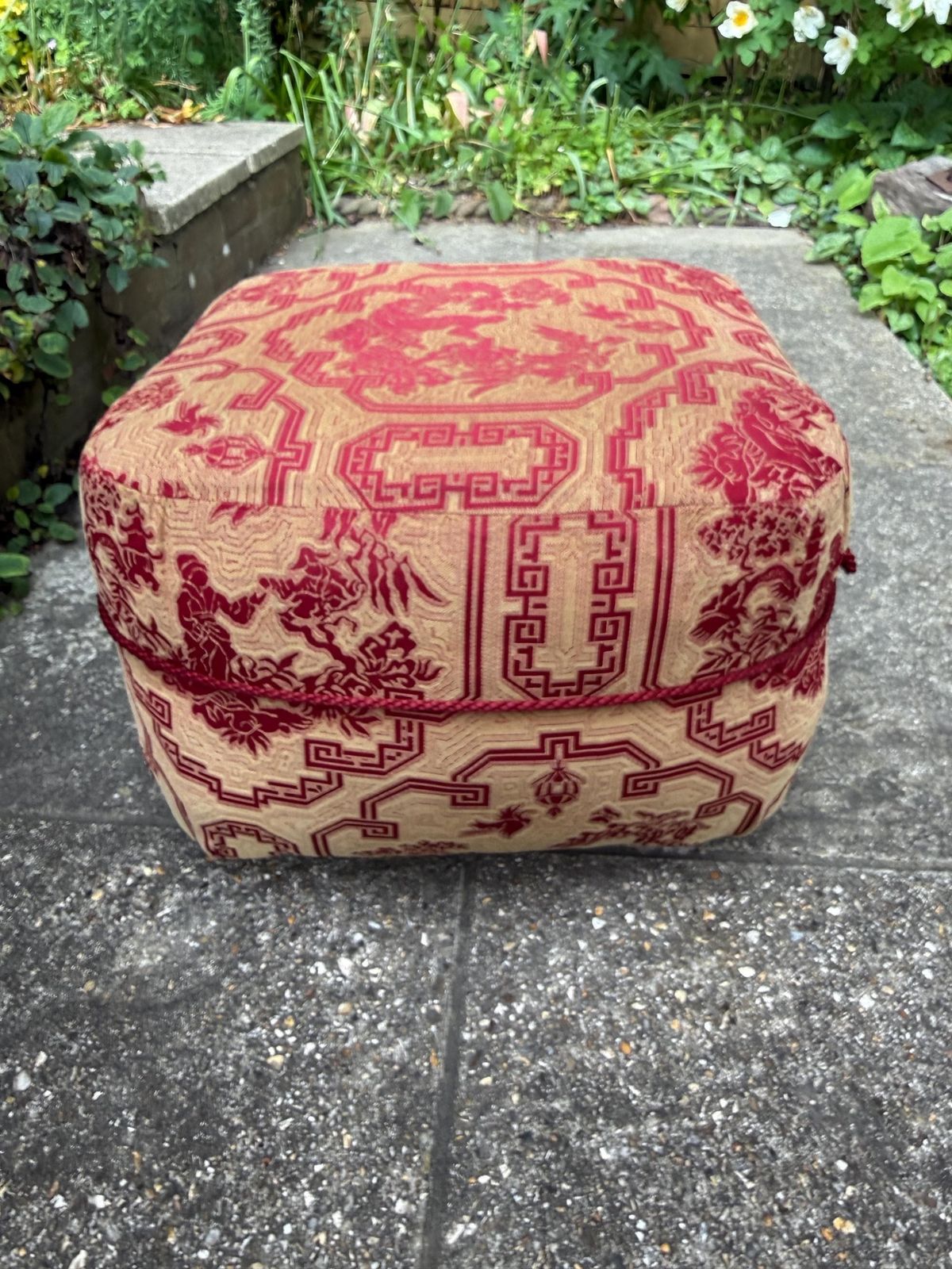 Vintage Chinoiserie Ottoman Footstool On Castors With Red And Gold Upholstery   Underside Label photo buy