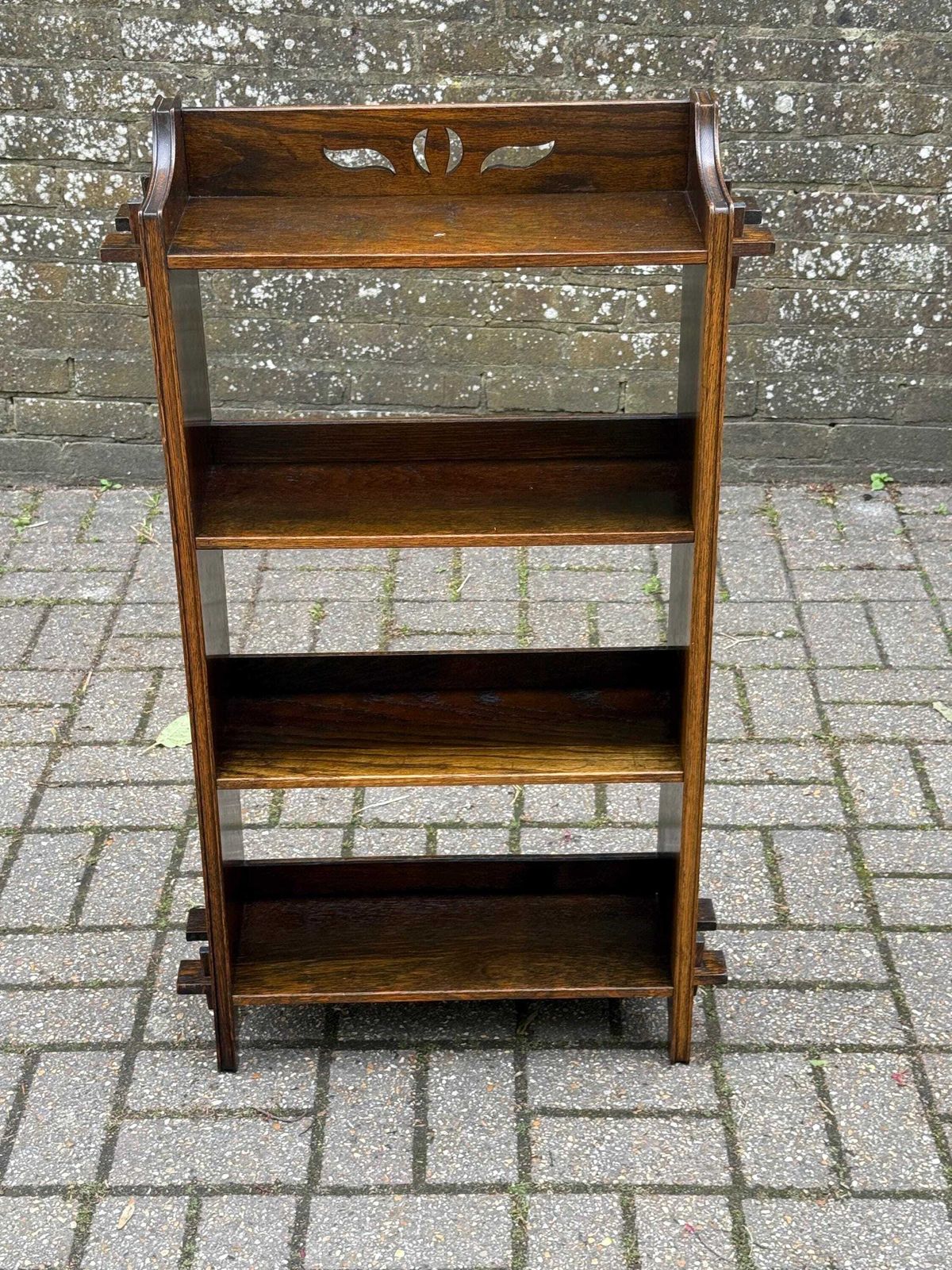 Arts And Crafts Oak Small Open Bookcase With Cut Out Detail And Peg Joinery (56cm W, 96cm H) photo furniture