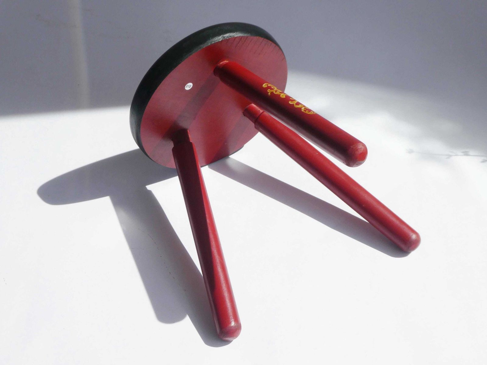 Vintage Round Hand Painted Red Stool, Wooden Dutch Folk Art Tripod Plant Stand photo vinterior