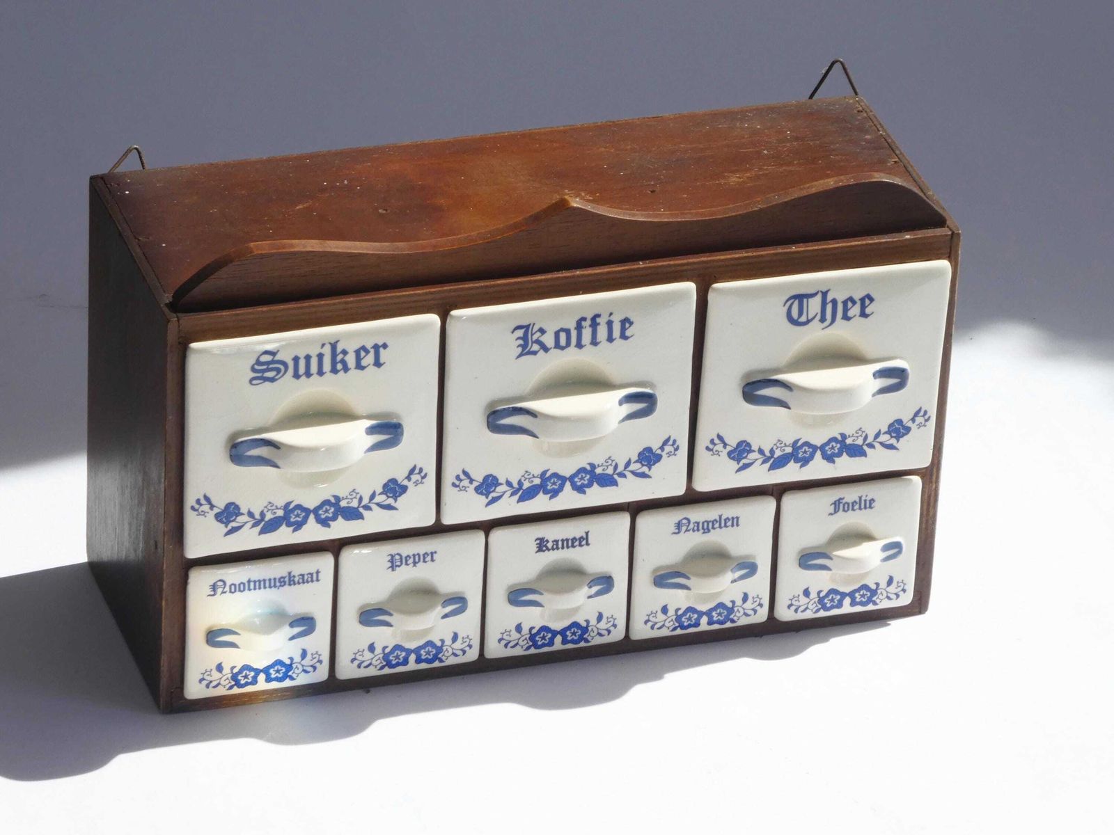 Antique Dutch Spice Cabinet With Ceramic Drawers, Floral Herbs Kitchen Rack With White And Blue, Original Farmhouse Decor Organiser photo for sale