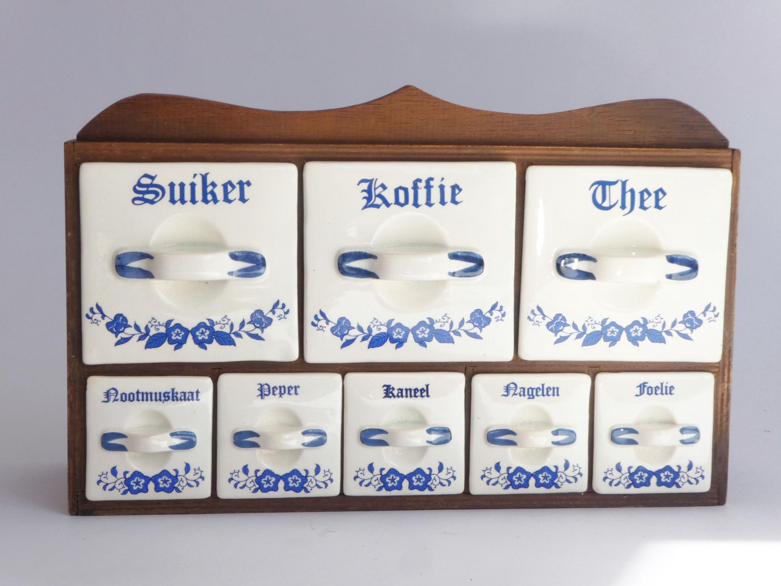 Antique Dutch Spice Cabinet With Ceramic Drawers, Floral Herbs Kitchen Rack With White And Blue, Original Farmhouse Decor Organiser photo Furniture