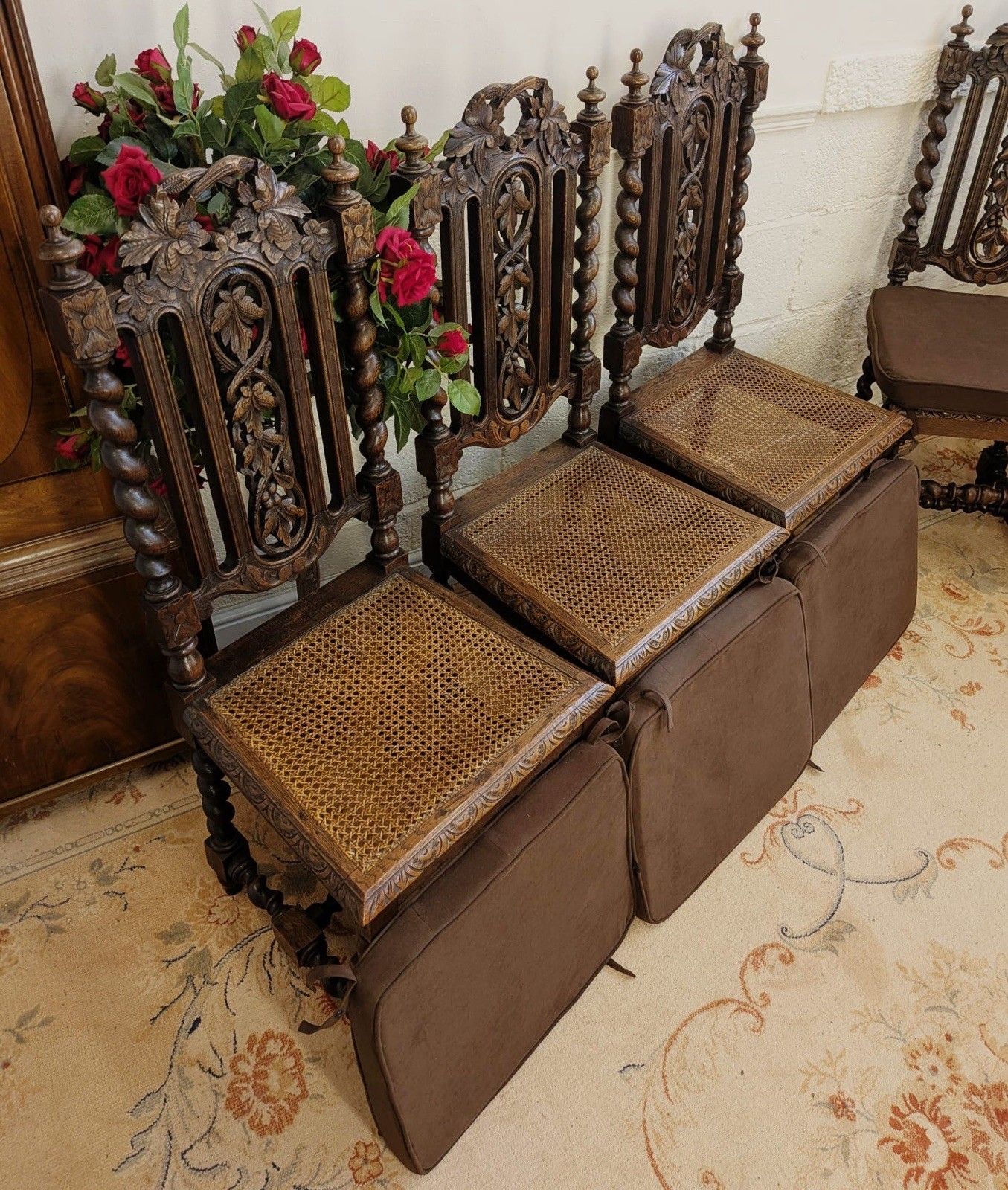 Set Of 6 Victorian Carved Rattan Seated With Cushion Dining Chairs photo furniture