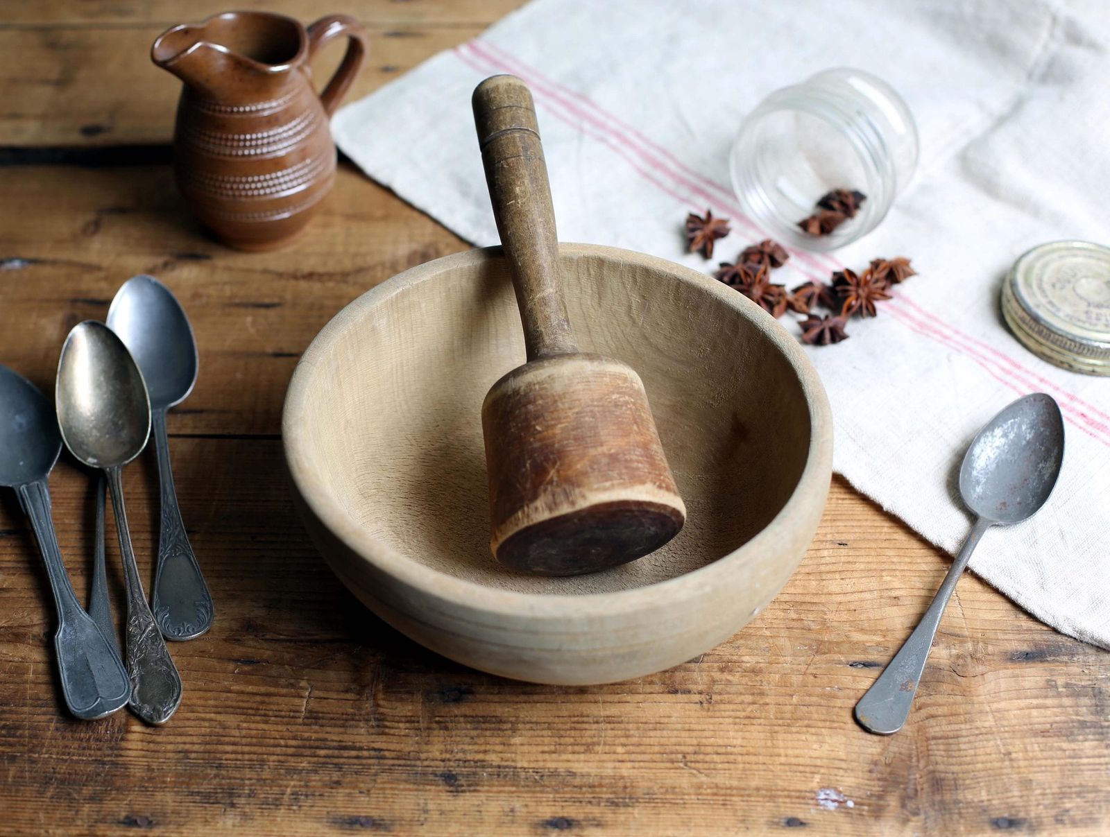 Antique French Wooden Pestle & Mortar Antique Primitive Masher Apothecary Spice Grinder Old Wooden Bowl photo furniture