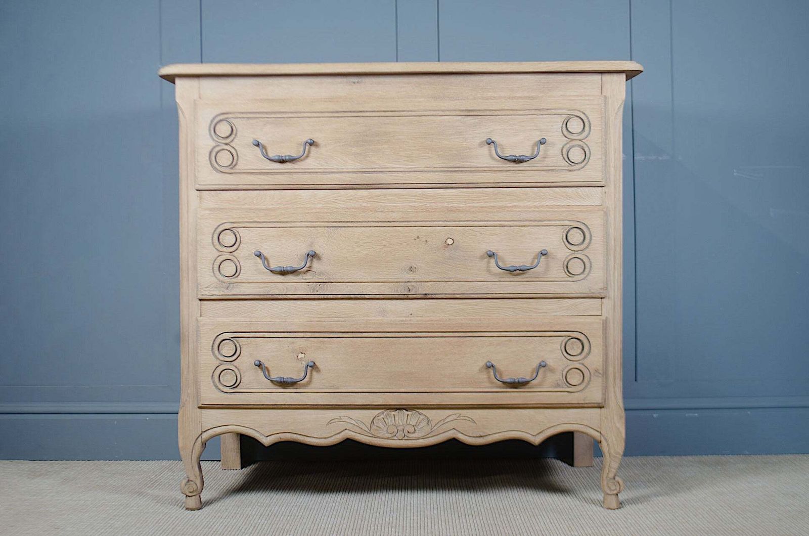 Antique Stripped French Light Oak Chest Of Drawers With Iron Handles & Carved Detail photo for sale