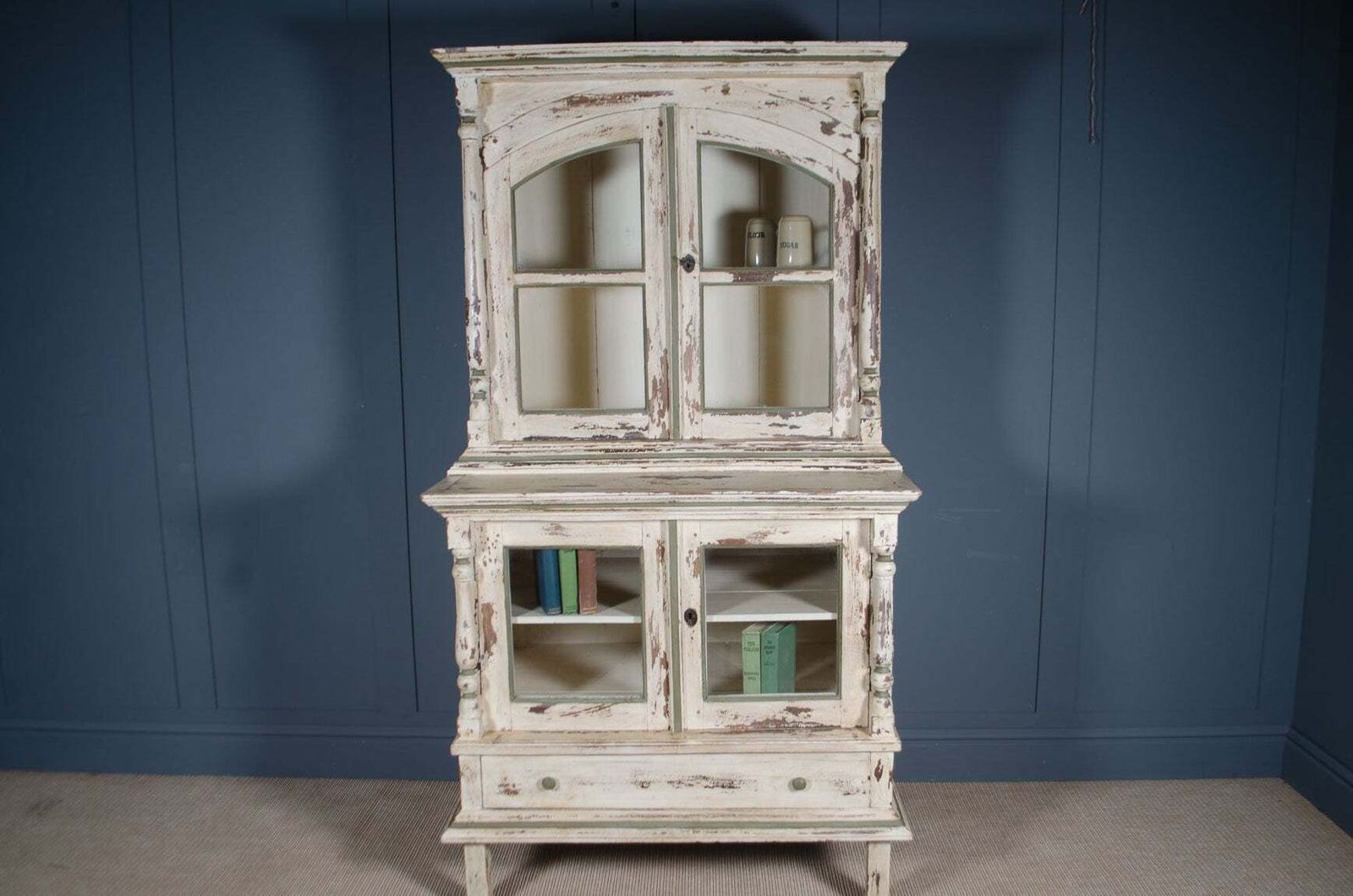 Painted French Glazed Kitchen Dresser In Cream & Green, With Shelves Cupboards photo vinterior