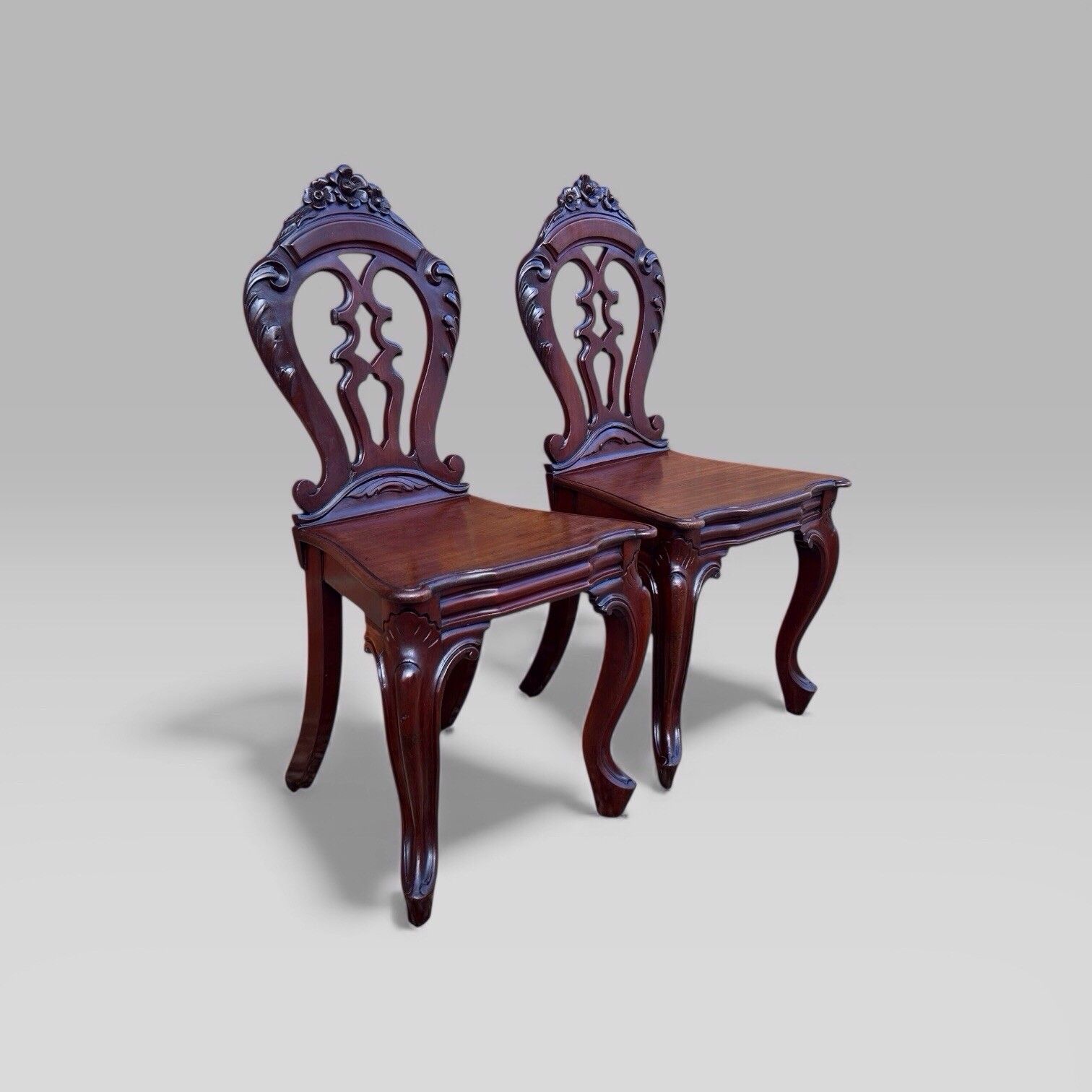 Antique Pair Of Victorian Carved Mahogany Hall Chairs photo for sale