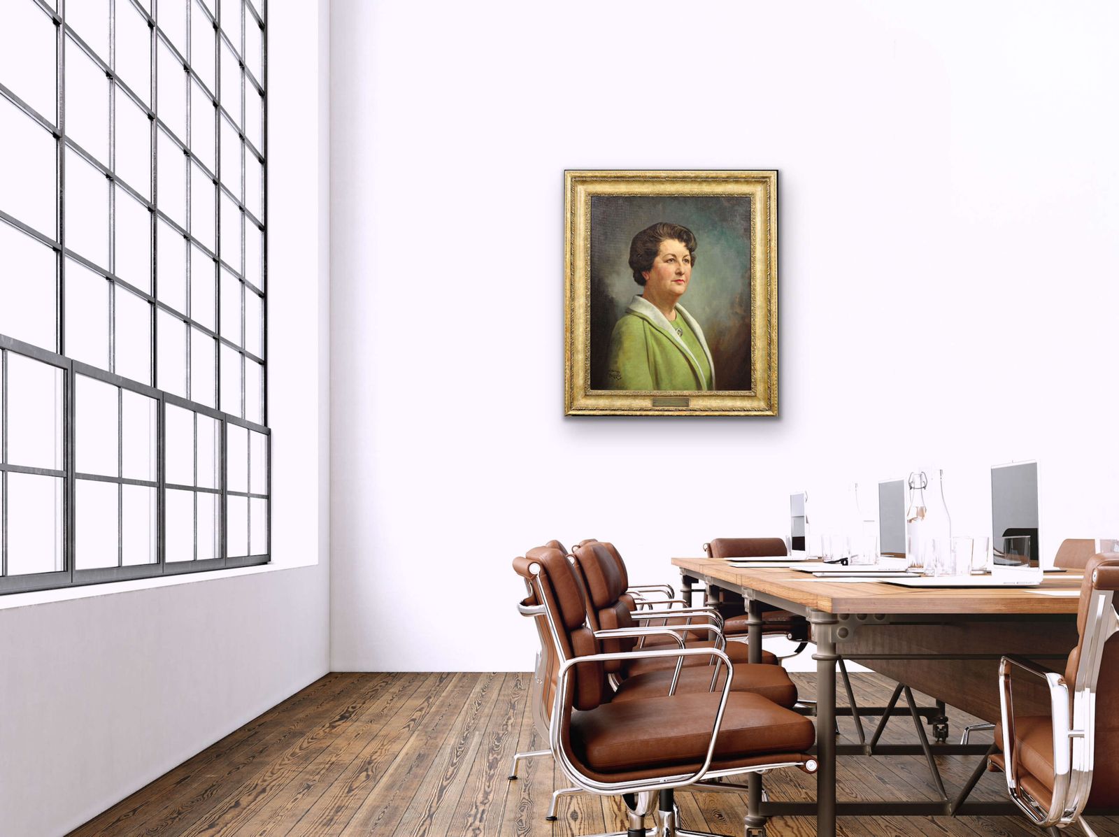 Howard Barron. Katherine Merry Nee Horstmann, directrice de la Horstmann Gear Company, 1946, ville de Bath. Portrait de femme dans l'industrie, huile sur toile encadrée, années 1940. photo vinterior