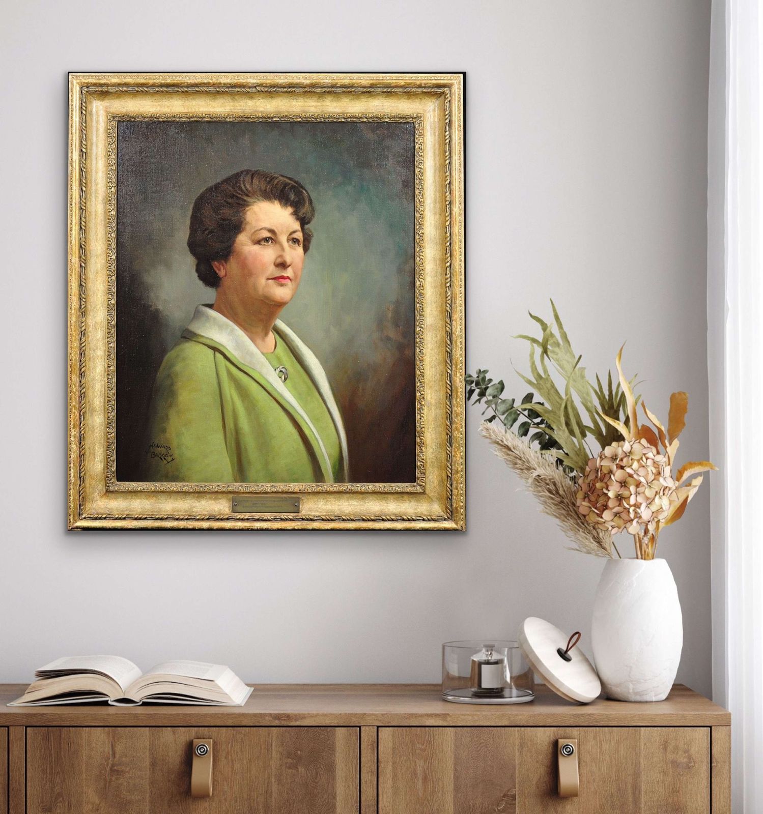 photo vinterior Howard Barron. Katherine Merry Nee Horstmann, directrice de la Horstmann Gear Company, 1946, ville de Bath. Portrait de femme dans l'industrie, huile sur toile encadrée, années 1940.