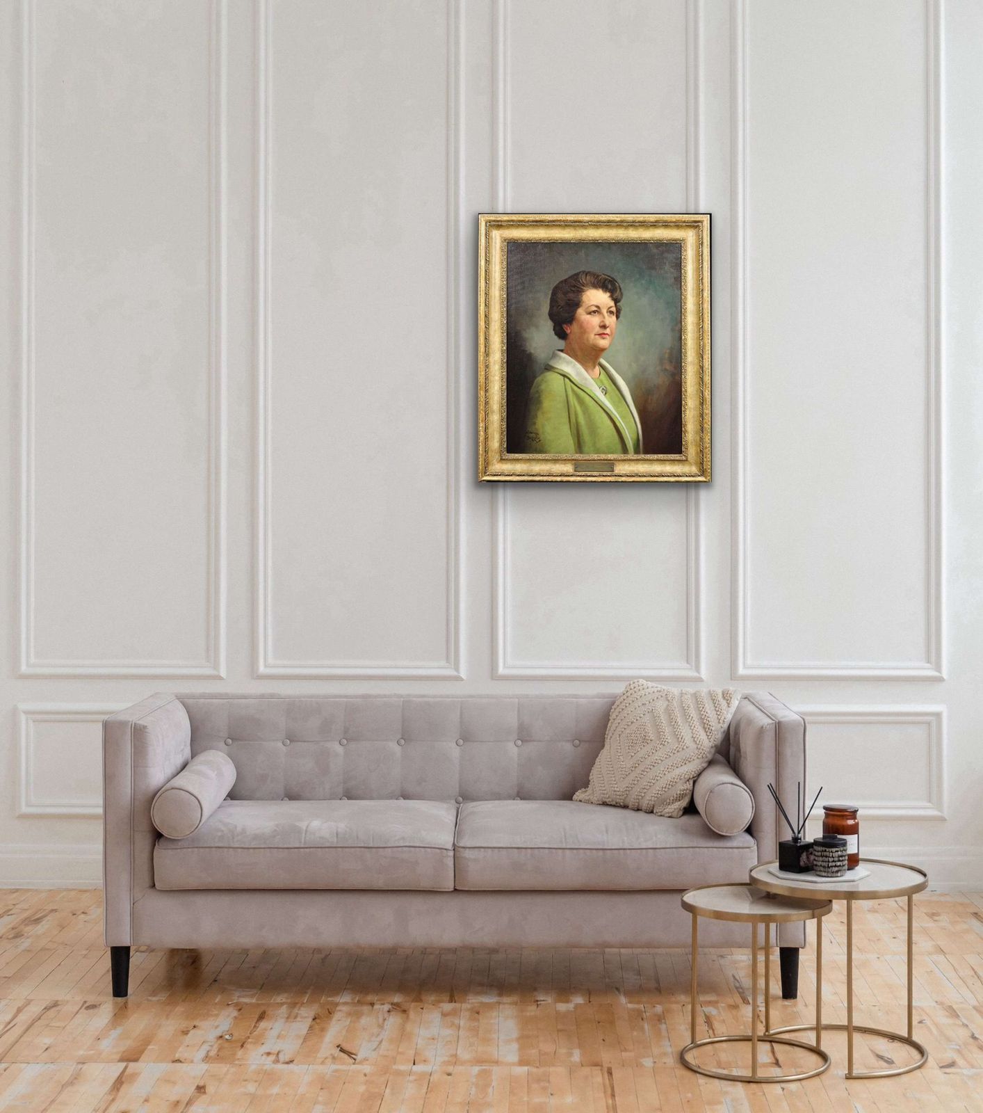 photo buy Howard Barron. Katherine Merry Nee Horstmann, directrice de la Horstmann Gear Company, 1946, ville de Bath. Portrait de femme dans l'industrie, huile sur toile encadrée, années 1940.
