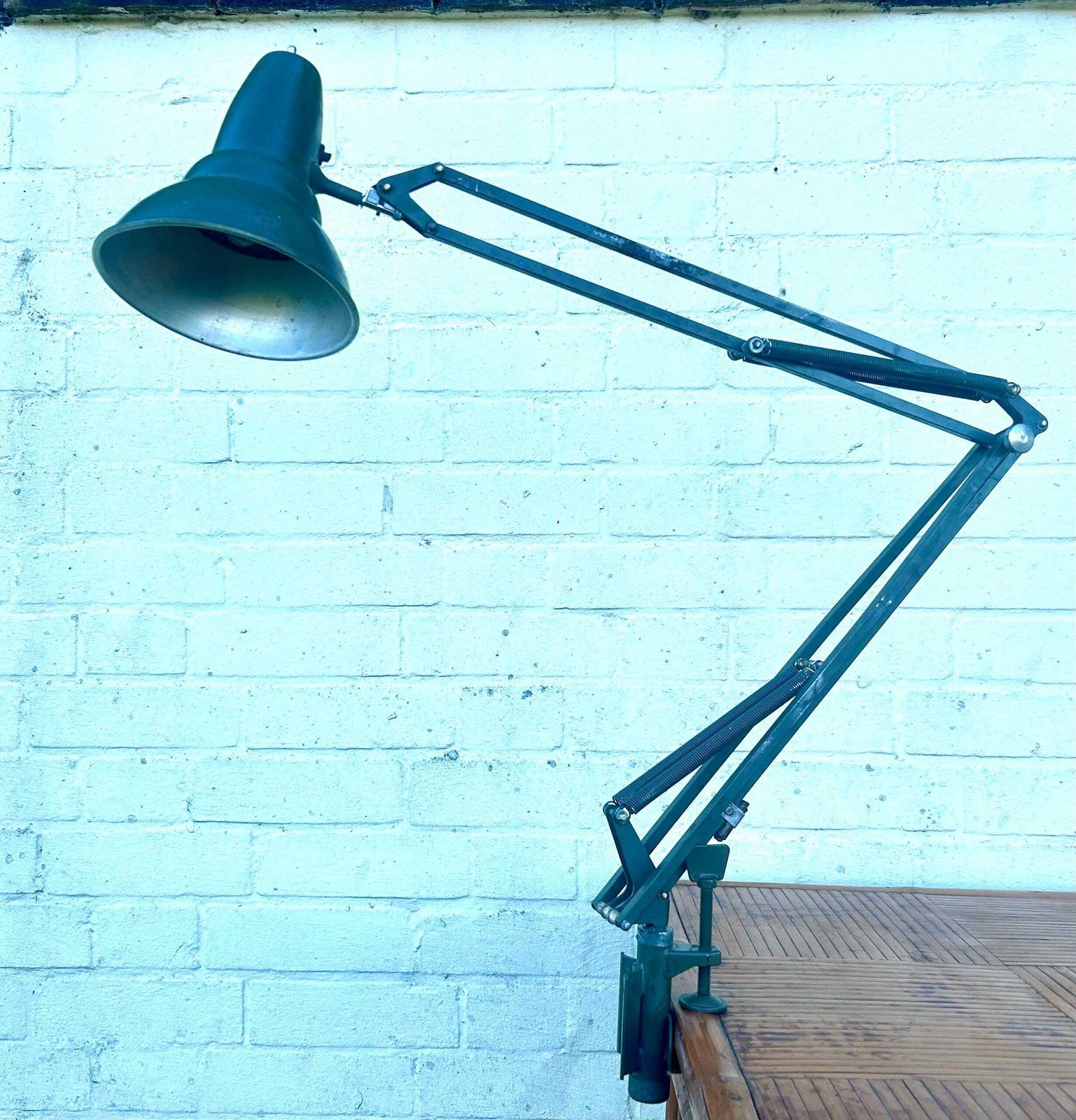 5 Available 1980s Military Swedish Green Clamp On Lamp Desk Industrial Vintage Retro Anglepoise Antique Light Lighting Mid Century Army photo for sale