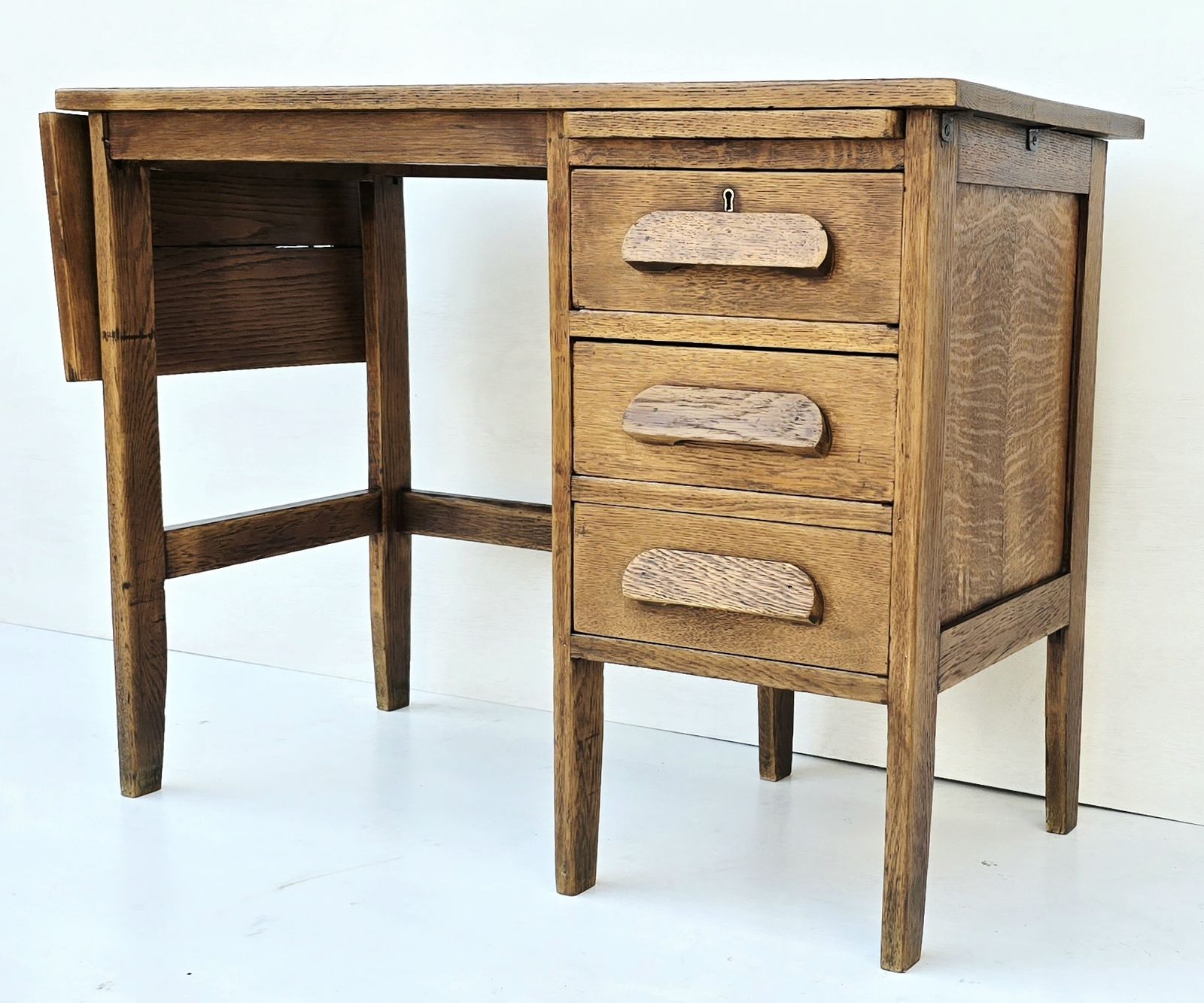 A Petite Mid Century Oak Drop Leaf Desk, Single Pedestal. photo Furniture
