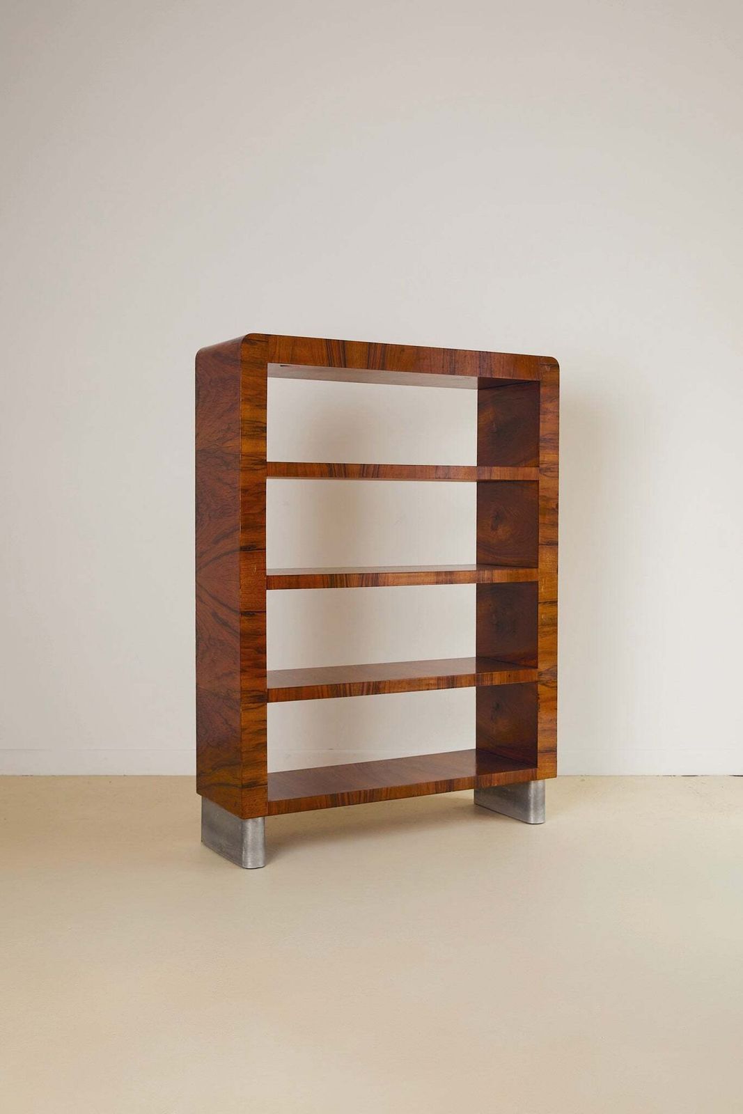 Italian Burl Wood Bookcase With Chrome Feet