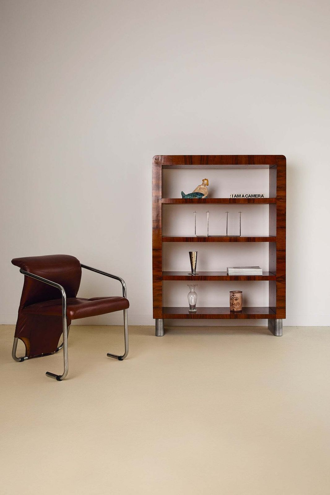 Italian Burl Wood Bookcase With Chrome Feet photo Furniture