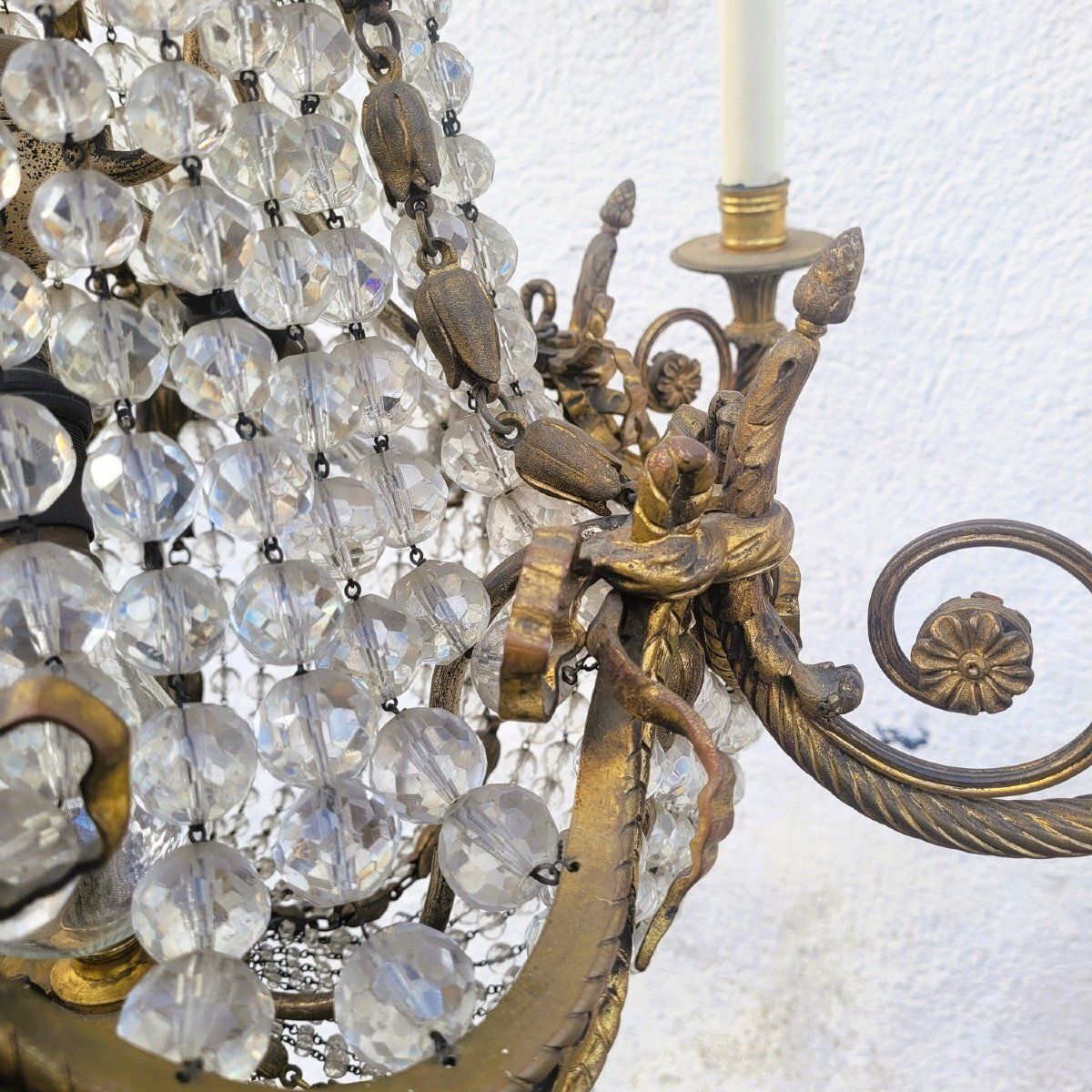 Balloon Chandelier / Beaded Bag H105cm, Bronze And Crystal, Early 20th Century photo vintage