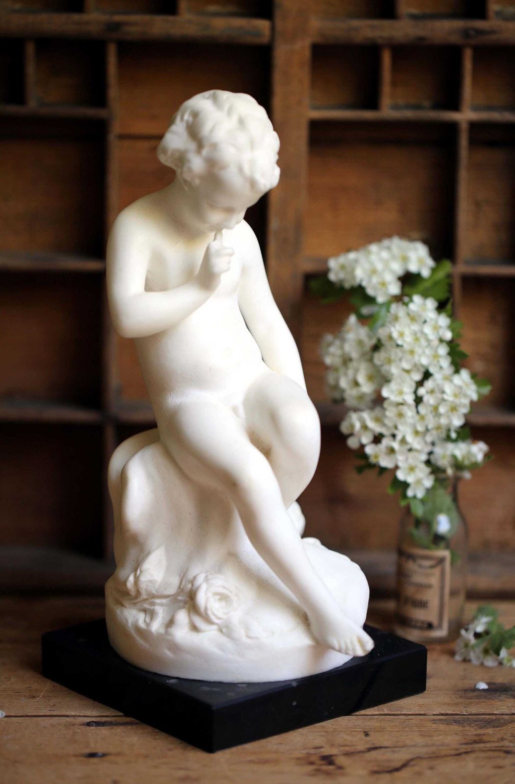 Antique Seated Cupid Eros Figurine Wax Marble Young Boy With Quiver Statue After Etienne Maurice Falconet photo furniture