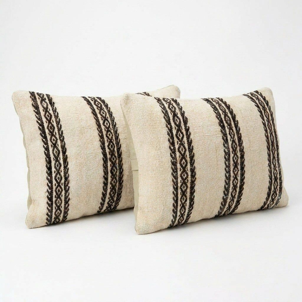 Turkish Wool Kilim Lumbar Pillow Cover 35 X 50 Cm   Set Of Two photo for sale