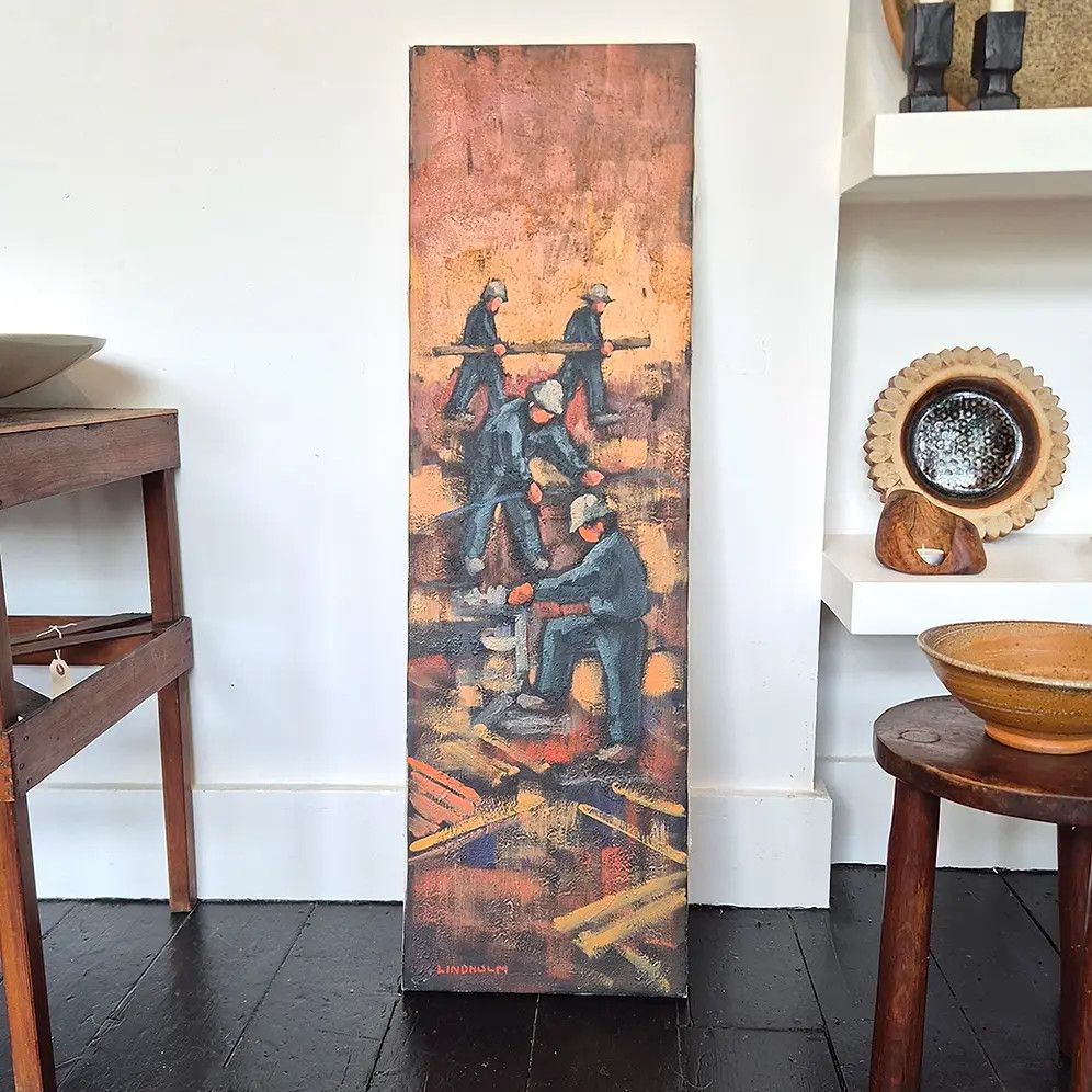 1970's Danish Mid Century Abstract Fireman Painting: Modernist Or Brutalist Style