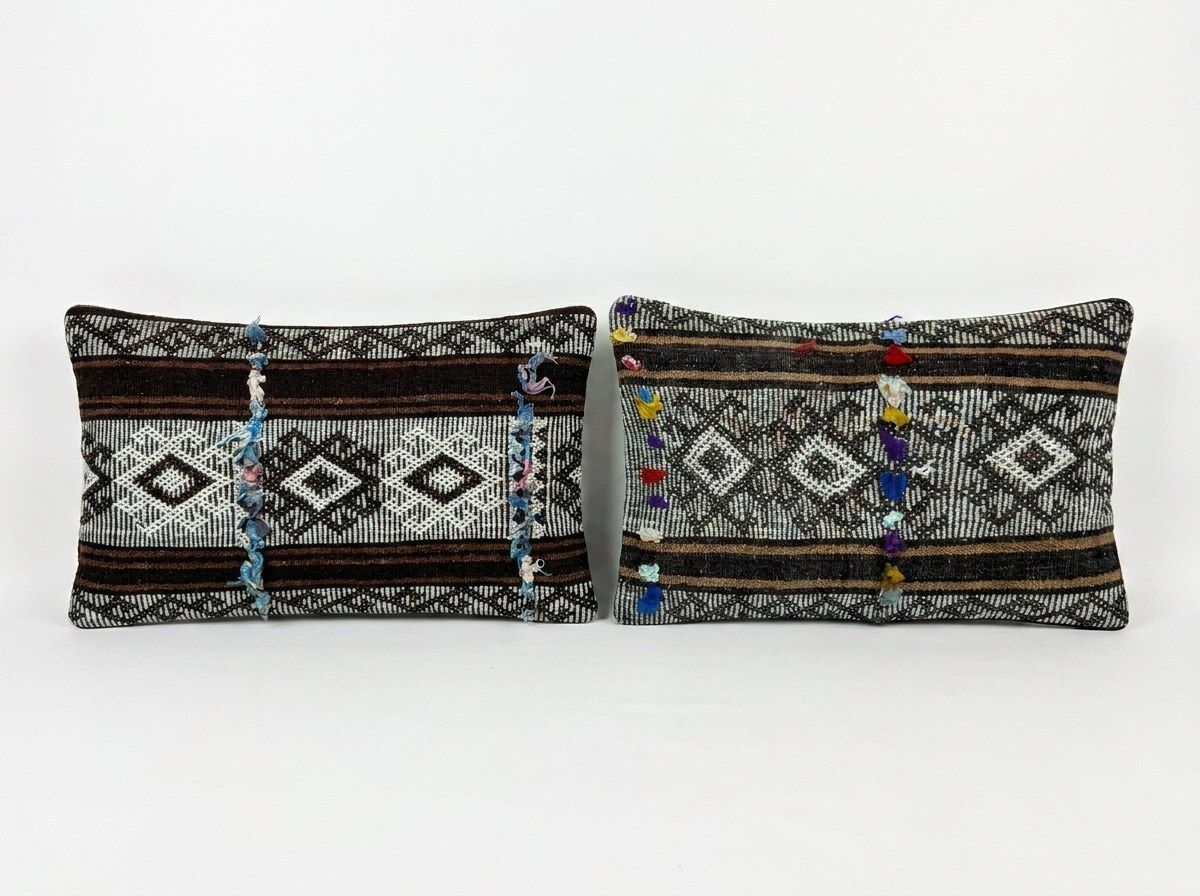 Bohemian Turkish Kilim Lumbar Pillow Cover 40 X 60 Cm & 37 X 60 Cm   Set Of Two