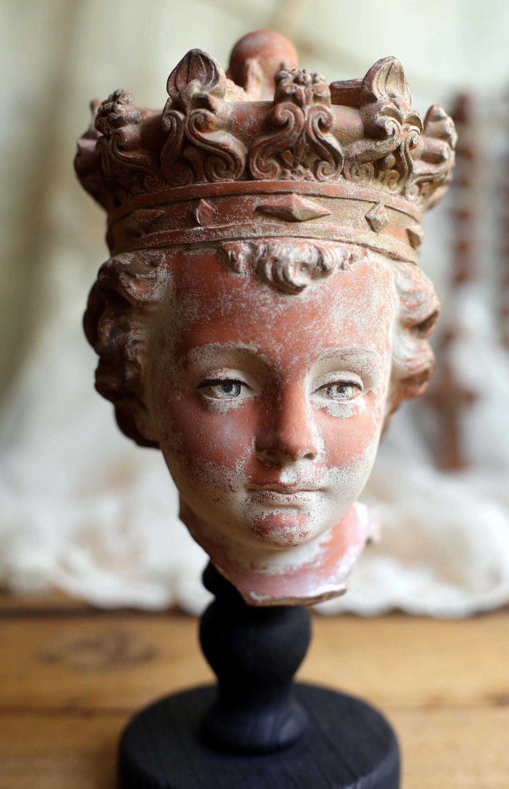 348.0 Antique Infant Jesus Head Gothic Style Bust Polychrome Terracotta Christ Statue On Wooden Stand photo
