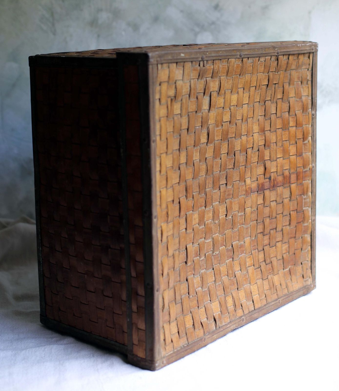 photo for sale Large Antique Travel Box Woven Splint Wood Basket Square Storage Chest