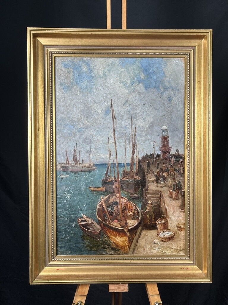 Julius Hare (1859   1932) South West Harbour Scene – Fishing Boats & Lighthouse photo vinterior