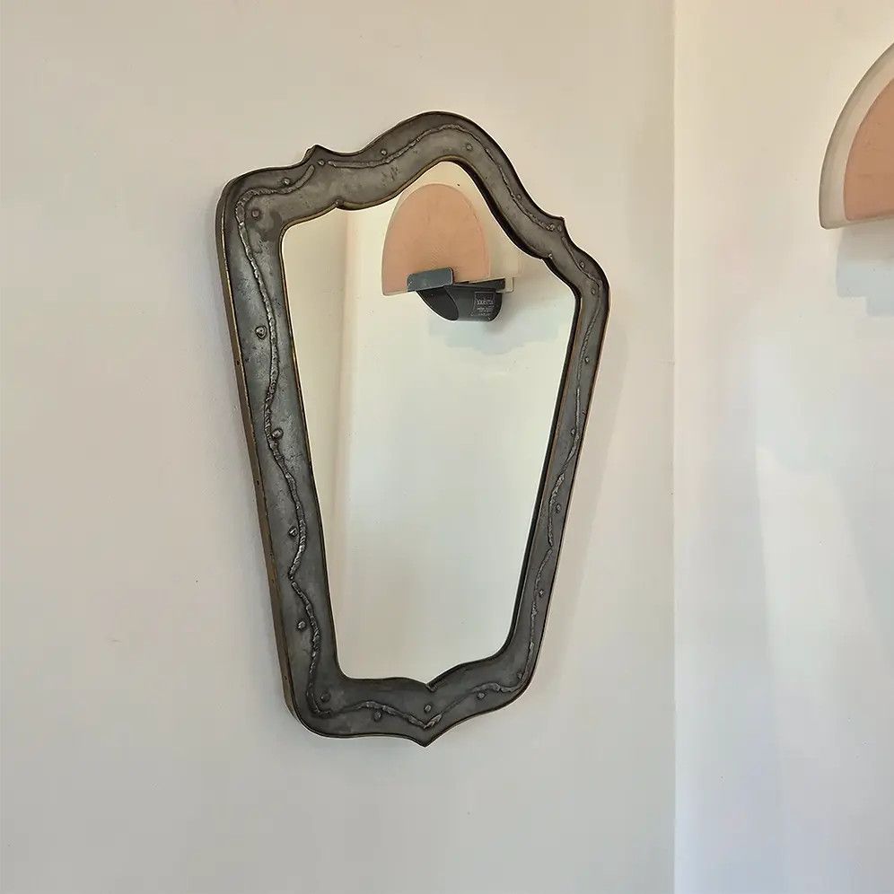 1970's French Brutalist Metal Wall Mirror (L): Mid Century Modernist Style photo Home Decor