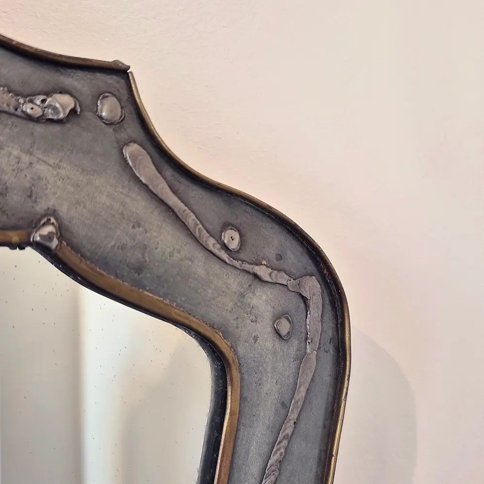 1970's French Brutalist Metal Wall Mirror (L): Mid Century Modernist Style photo 350.0