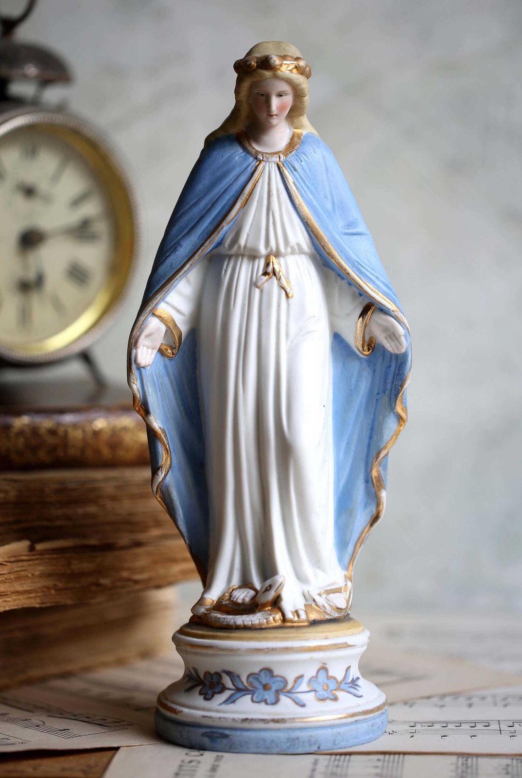 photo for sale Antique Mary Statue Porcelain Madonna Virgin Our Lady Of Lourdes Religious Figurine