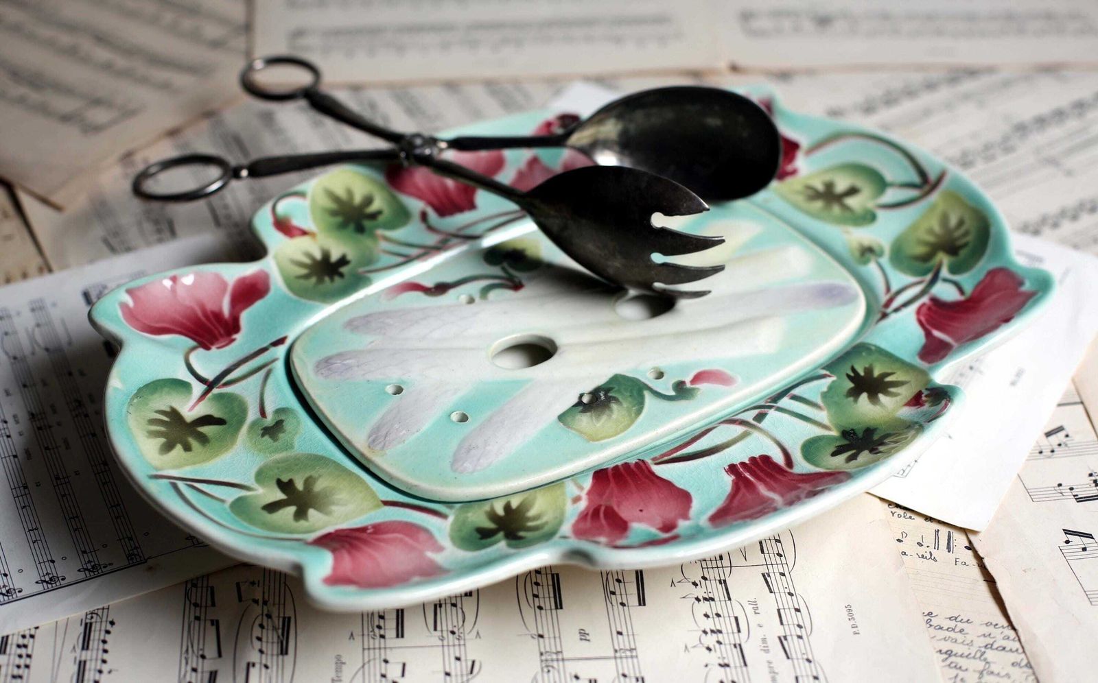 Antique French Majolica Asparagus Draining Plate Art Nouveau Cyclamen Platter By K&G Saint Clement photo Home Decor