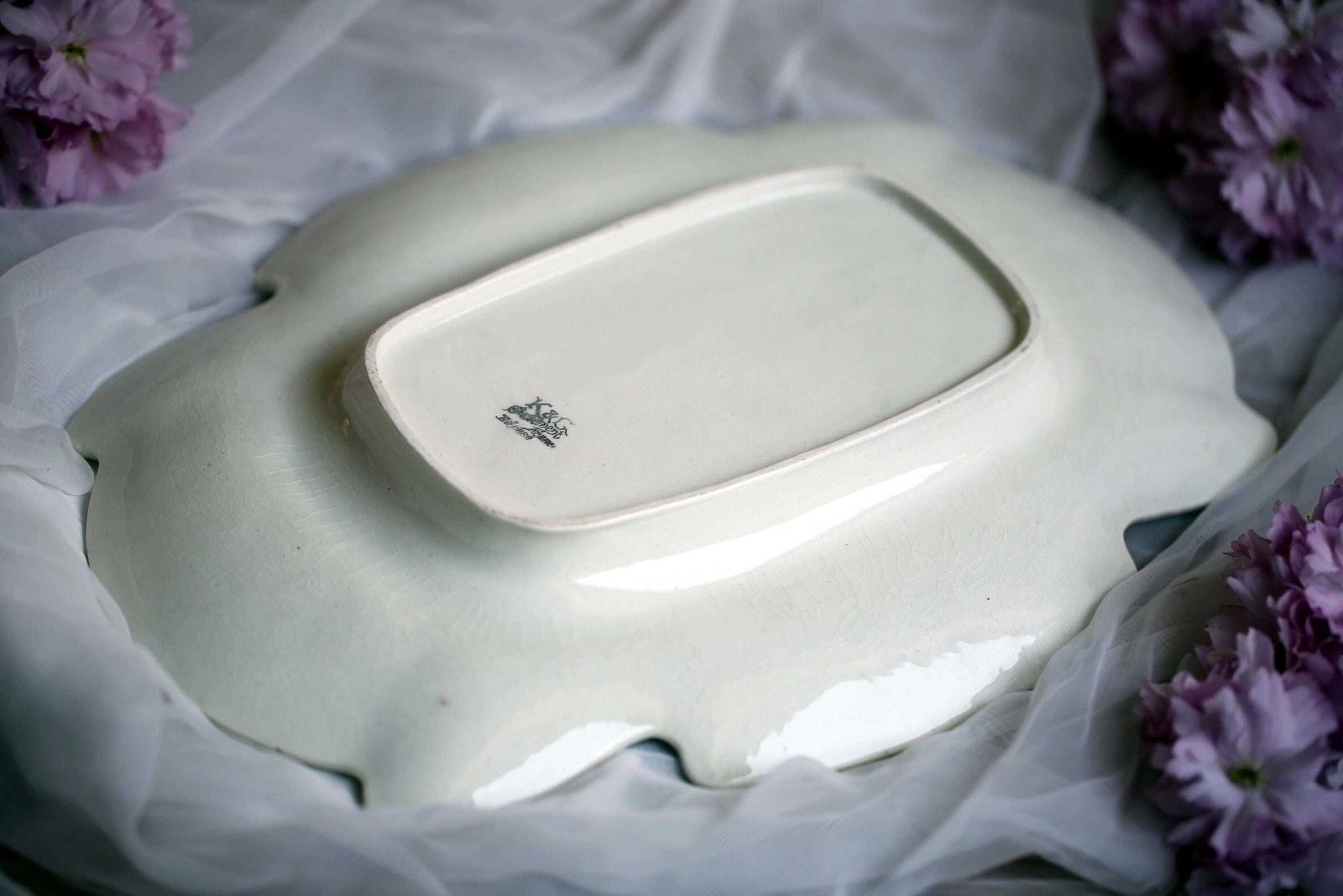Antique French Majolica Asparagus Draining Plate Art Nouveau Cyclamen Platter By K&G Saint Clement photo vinterior