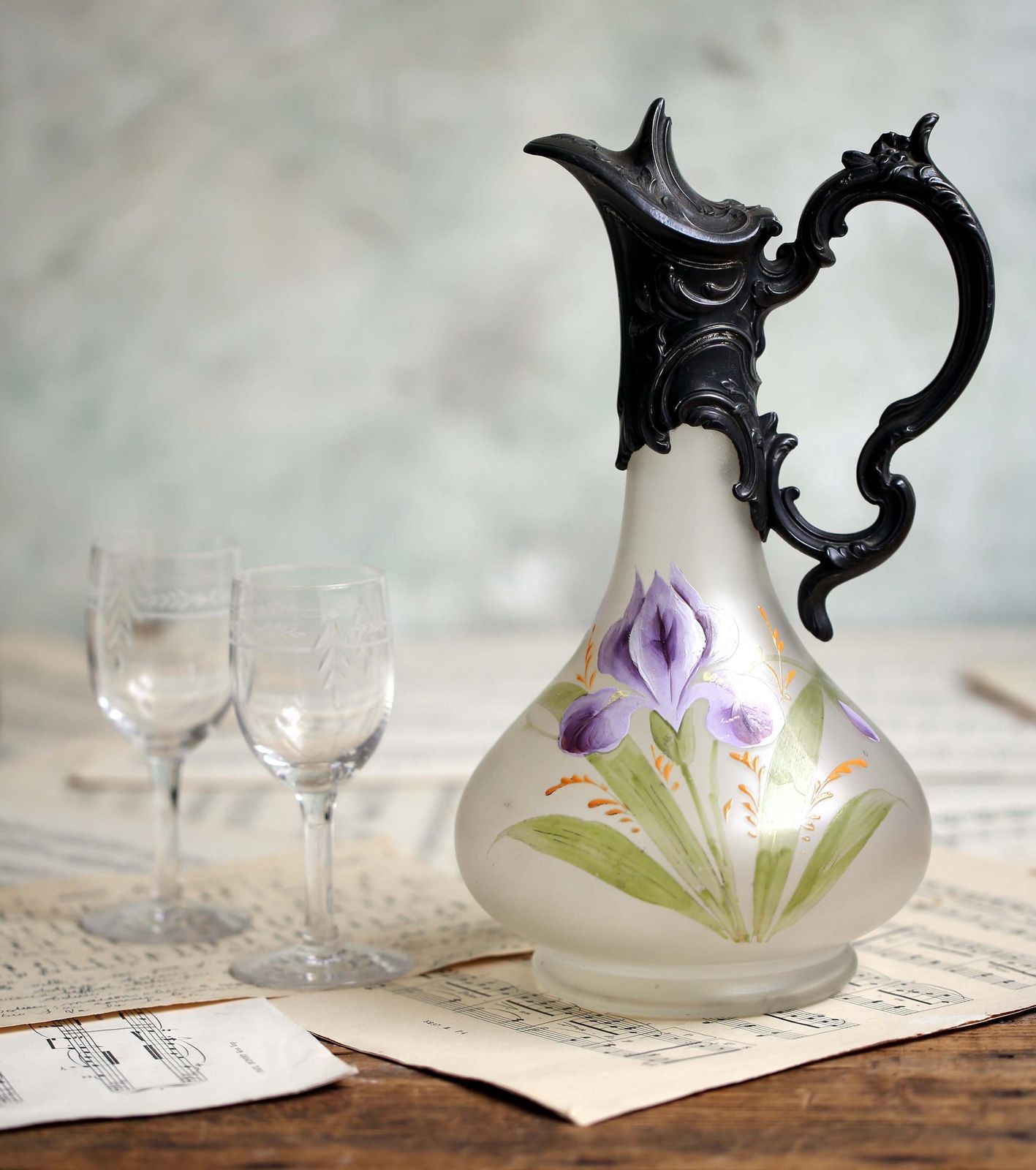 Antique French Rococo Claret Jug Pewter & Hand Painted Glass Wine Pitcher Decanter Irises Louis XV photo for sale