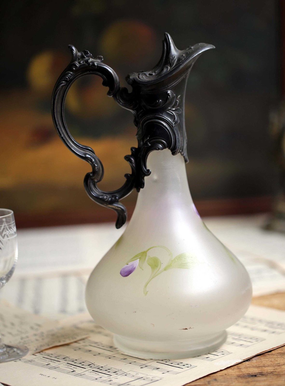 Antique French Rococo Claret Jug Pewter & Hand Painted Glass Wine Pitcher Decanter Irises Louis XV photo vinterior