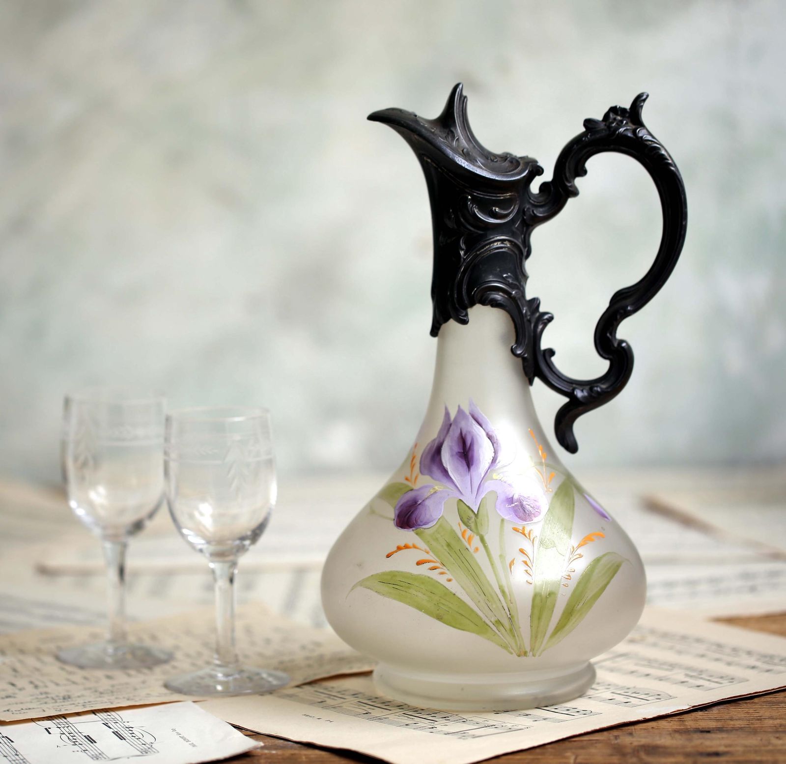 Antique French Rococo Claret Jug Pewter & Hand Painted Glass Wine Pitcher Decanter Irises Louis XV photo buy