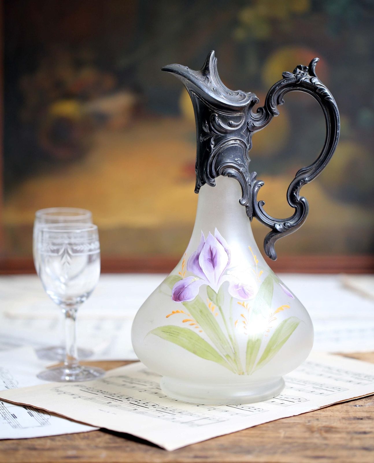 Antique French Rococo Claret Jug Pewter & Hand Painted Glass Wine Pitcher Decanter Irises Louis XV photo vintage