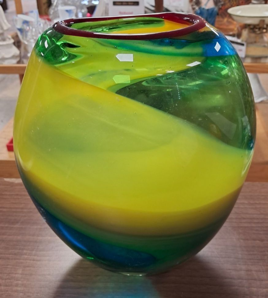 Mid Century Murano Style Hand Blown Art Glass Vase In Green, Brown, Yellow Blue