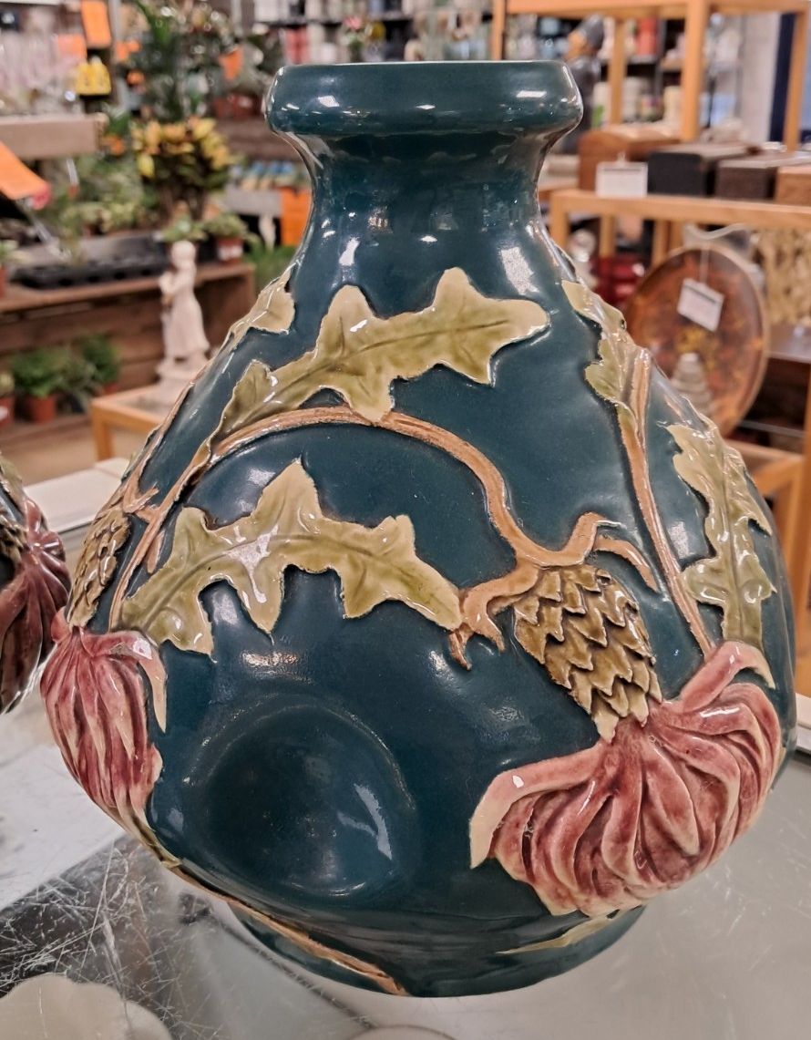 Unusual Pair Of Vintage Dimpled  Vases With Appliqued Clay Thistle Design photo Home Decor