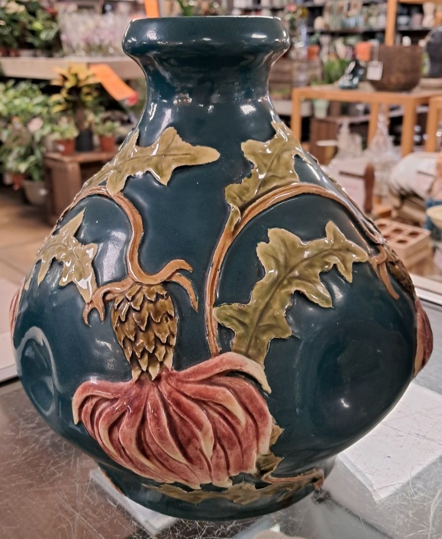 Unusual Pair Of Vintage Dimpled  Vases With Appliqued Clay Thistle Design photo 75.0