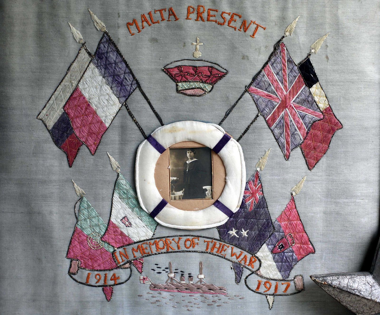 Antique Wwi Malta Souvenir Embroidery Picture Framed Art World War 1 photo Art