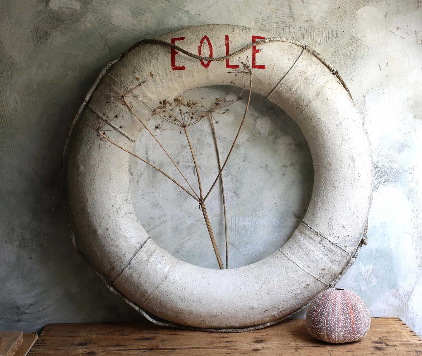 Antique Life Ring Ship Distressed Lifebuoy French Sailing Boat Marine Salvage Nautical Eole photo for sale