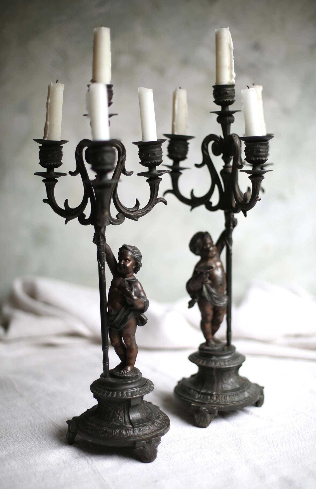 Pair Of French Candelabra With Cherubs Antique Rococo Bronzed Spelter Candle Holders photo 248.0
