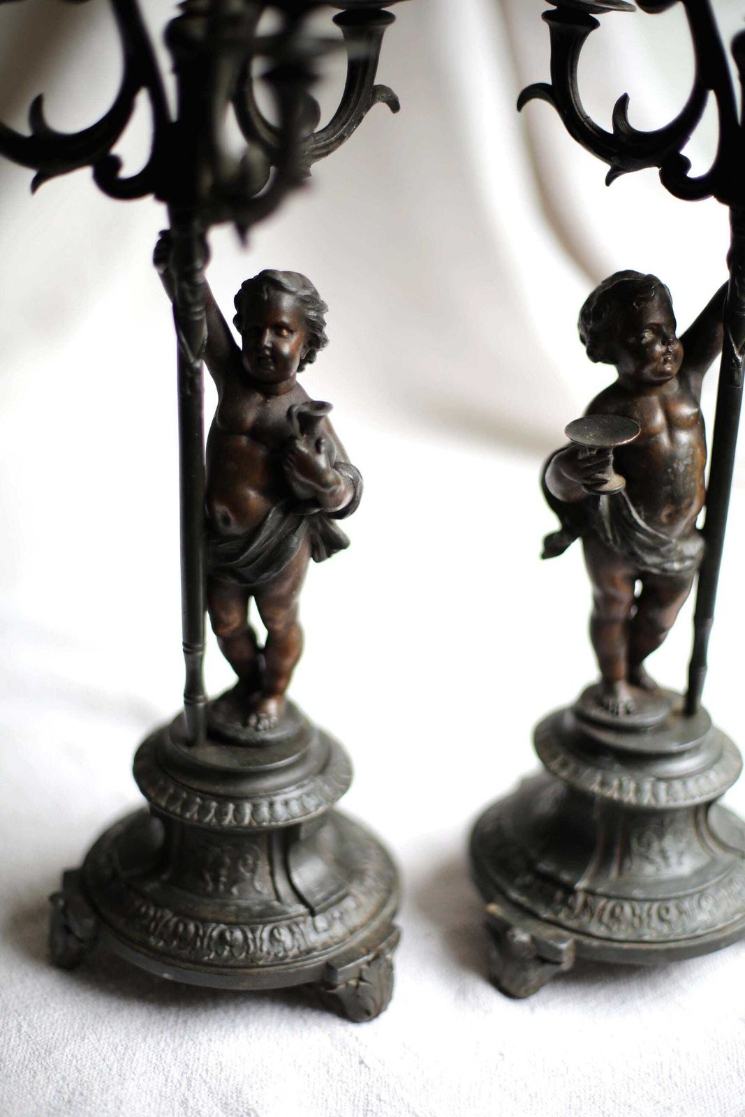 Pair Of French Candelabra With Cherubs Antique Rococo Bronzed Spelter Candle Holders photo vintage