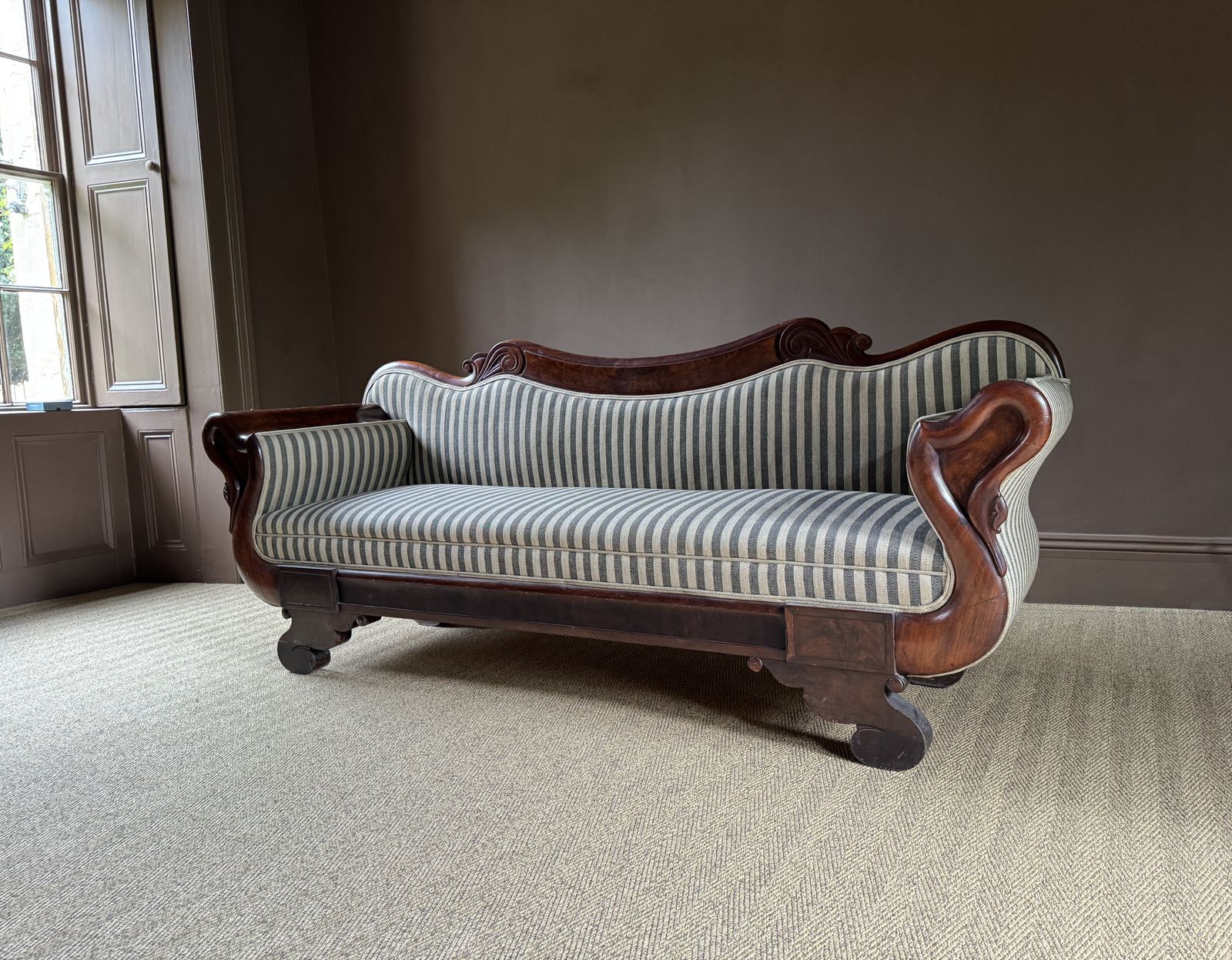 Antique French Charles X Mahogany Sofa With Swan Neck Arms Circa 1820