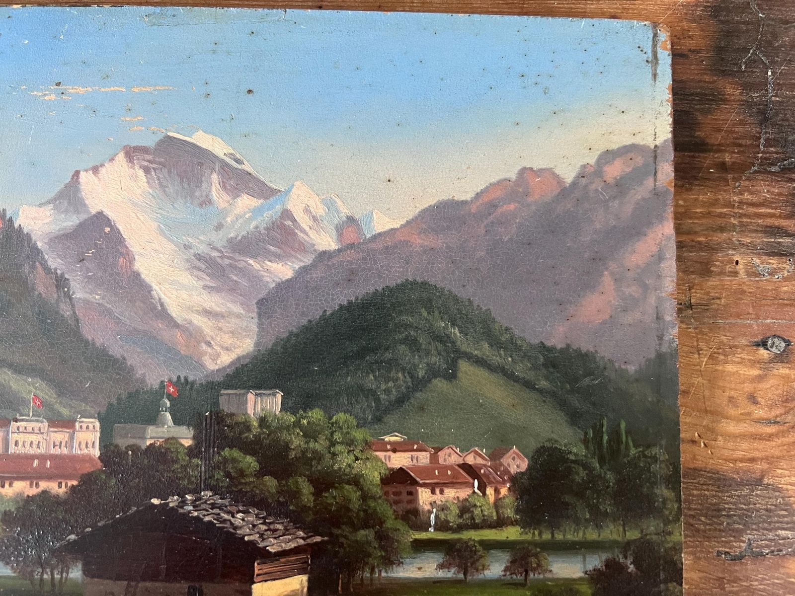 Pair Of Antique Swiss Landscape Oil Paintings On Wood Panel, 19th Century Grand Tour Alpine Art, Interlaken, Lake Thun & Jungfrau, Unframed photo vintage