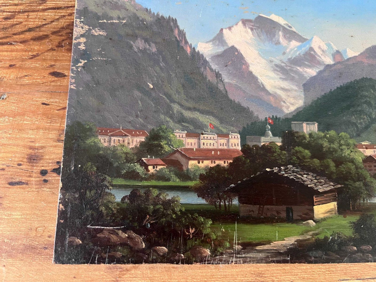 photo for sale Pair Of Antique Swiss Landscape Oil Paintings On Wood Panel, 19th Century Grand Tour Alpine Art, Interlaken, Lake Thun & Jungfrau, Unframed