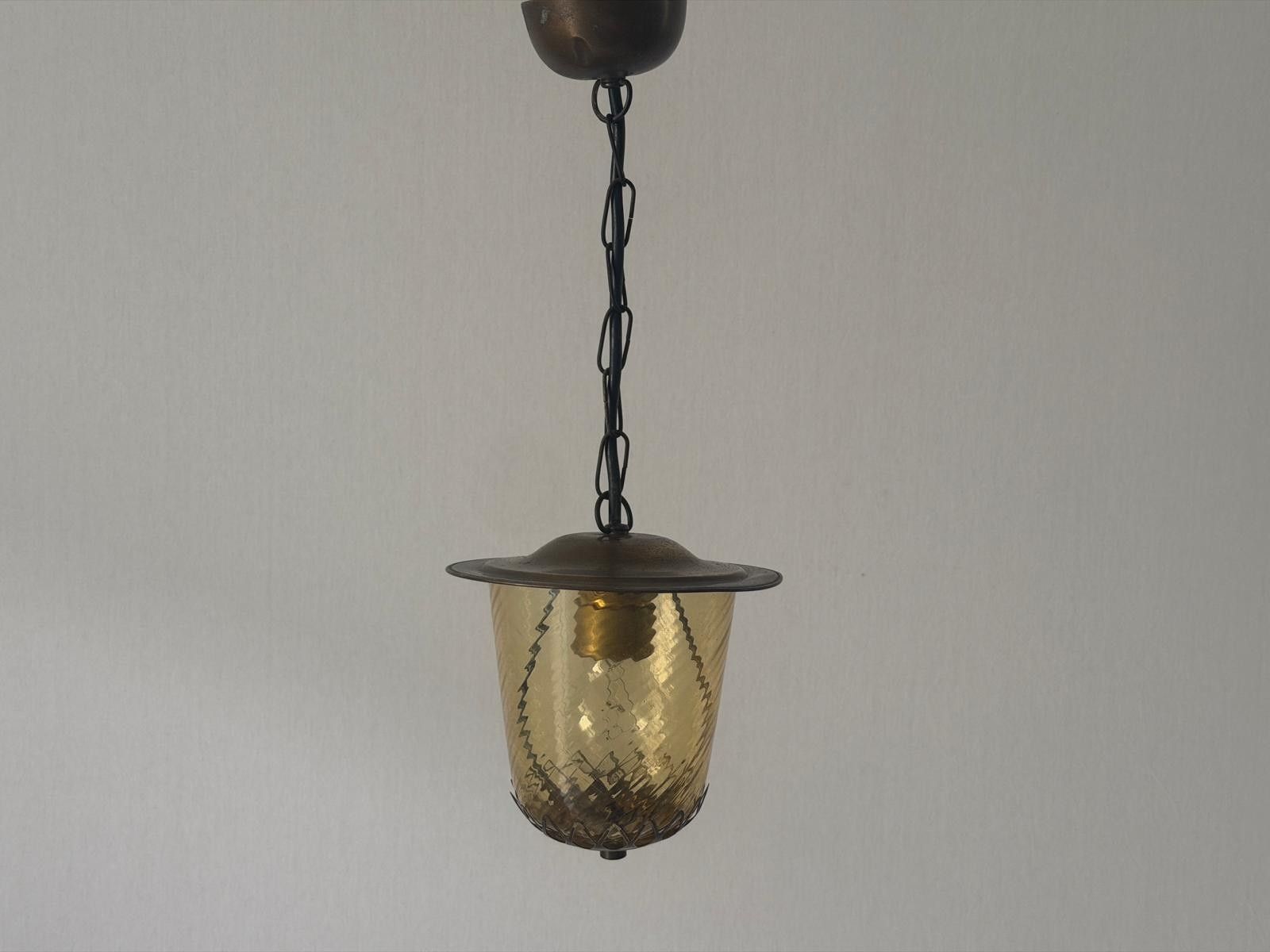Art Deco Yellow Glass Brass Body Flush Mount Light, 1940s, Germany