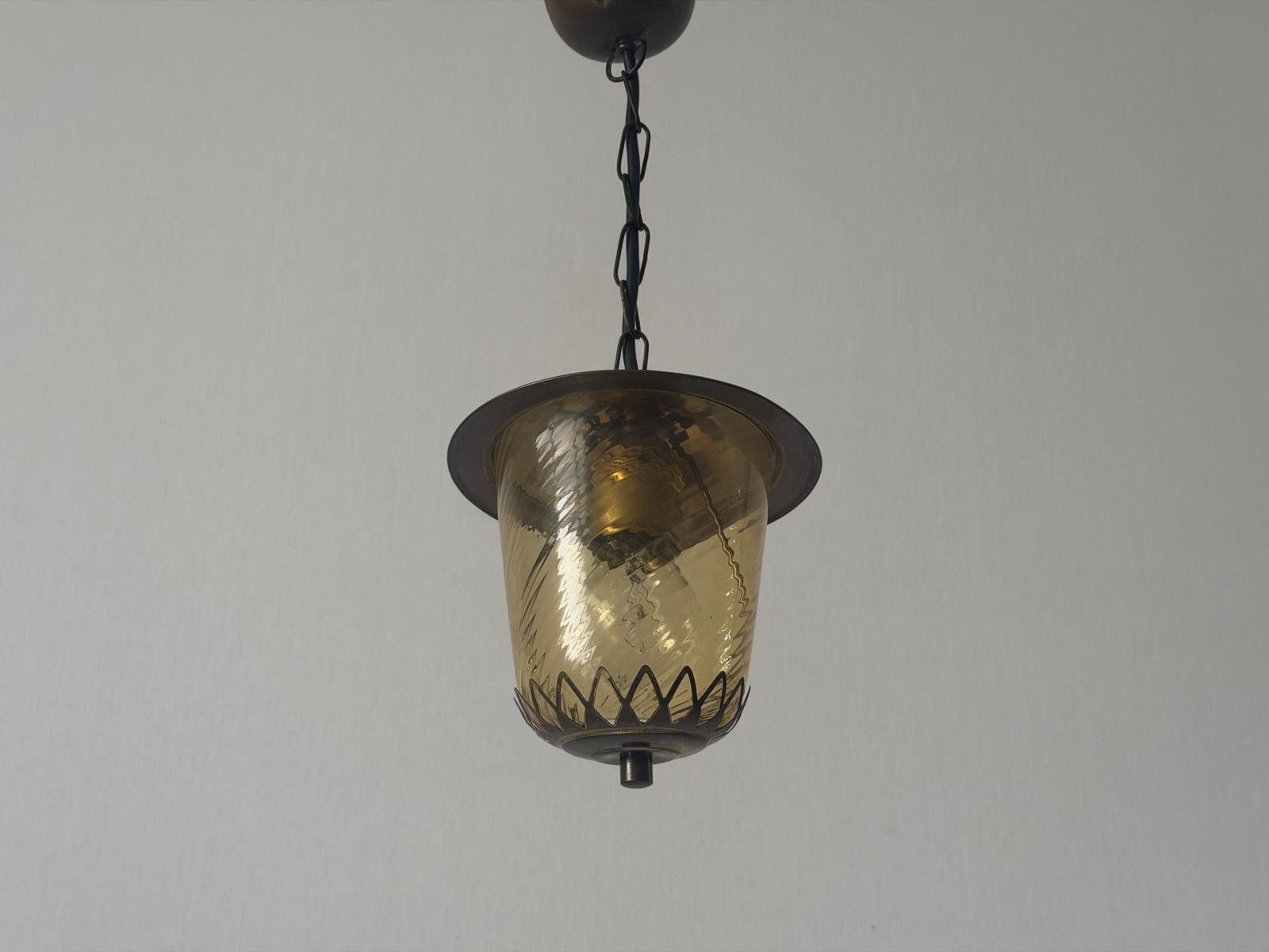 photo for sale Art Deco Yellow Glass Brass Body Flush Mount Light, 1940s, Germany