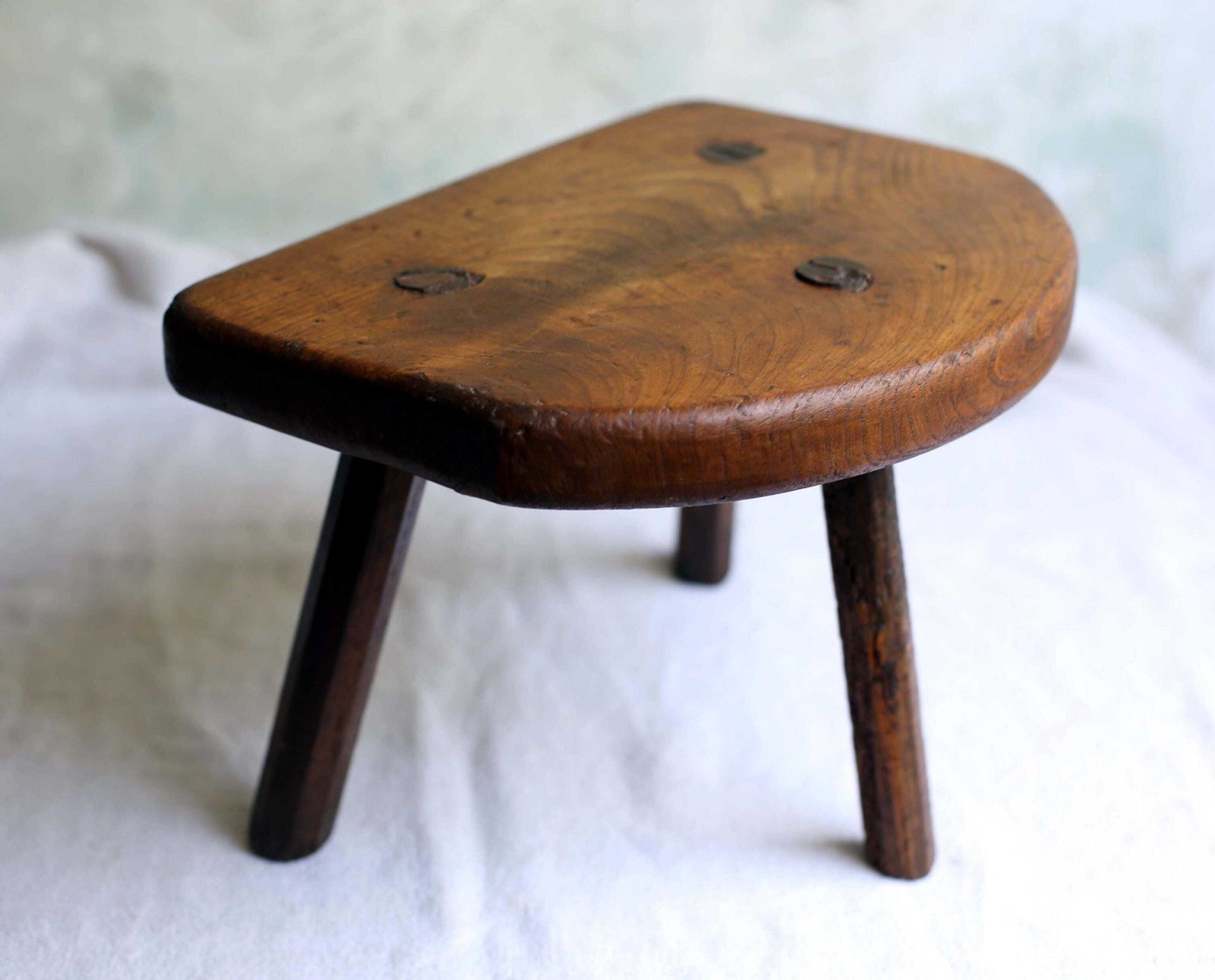 Primitive French Milking Stool Low Rustic Farmhouse Side Table Antique Oak Footstool photo for sale